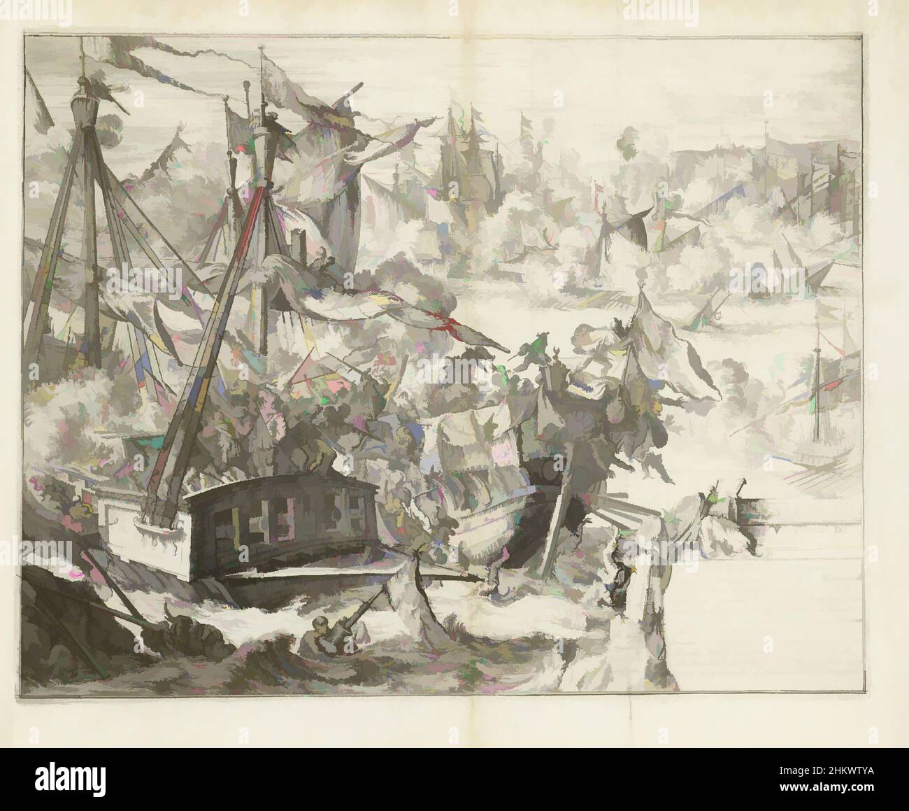 Kunst inspiriert von der Schlacht von Lepanto, 1571, Victoire de Lepanto, Guerres de Flandres (Serientitel), die Schlacht von Lepanto, 7. Oktober 1571. Die Flotte der Heiligen Liga unter dem Kommando von Don Juan von Österreich besiegt die Türken in der Seeschlacht bei Lepanto. Auf der linken Seite ein Schiff, auf dem Classic Werke von Artotop mit einem Schuss Moderne modernisiert. Formen, Farbe und Wert, auffällige visuelle Wirkung auf Kunst. Emotionen durch Freiheit von Kunstwerken auf zeitgemäße Weise. Eine zeitlose Botschaft, die eine wild kreative neue Richtung verfolgt. Künstler, die sich dem digitalen Medium zuwenden und die Artotop NFT erschaffen Stockfoto