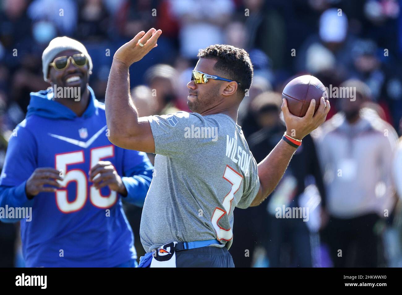 Las Vegas, Nevada, USA. 5th. Februar 2022. Seattle Seahawks Quarterback Russell Wilson (3) während des NFC Pro Bowl Trainings im Las Vegas Ballpark in Las Vegas, Nevada. Darren Lee/CSM/Alamy Live News Stockfoto