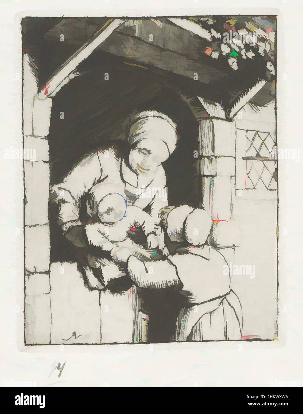 Kunst inspiriert von Mutter mit zwei Kindern, ist der Druck Teil eines Portfolios und wird mit einem weiteren Druck auf einer Albumseite gedruckt., Druckerei: Adriaen van Ostade, Adriaen van Ostade, Haarlem, 1671 - 1679 und/oder 1941, Papier, Radierung, Höhe 89 mm × Breite 70 mm, Klassische Werke, modernisiert von Artotop mit einem Schuss Moderne. Formen, Farbe und Wert, auffällige visuelle Wirkung auf Kunst. Emotionen durch Freiheit von Kunstwerken auf zeitgemäße Weise. Eine zeitlose Botschaft, die eine wild kreative neue Richtung verfolgt. Künstler, die sich dem digitalen Medium zuwenden und die Artotop NFT erschaffen Stockfoto