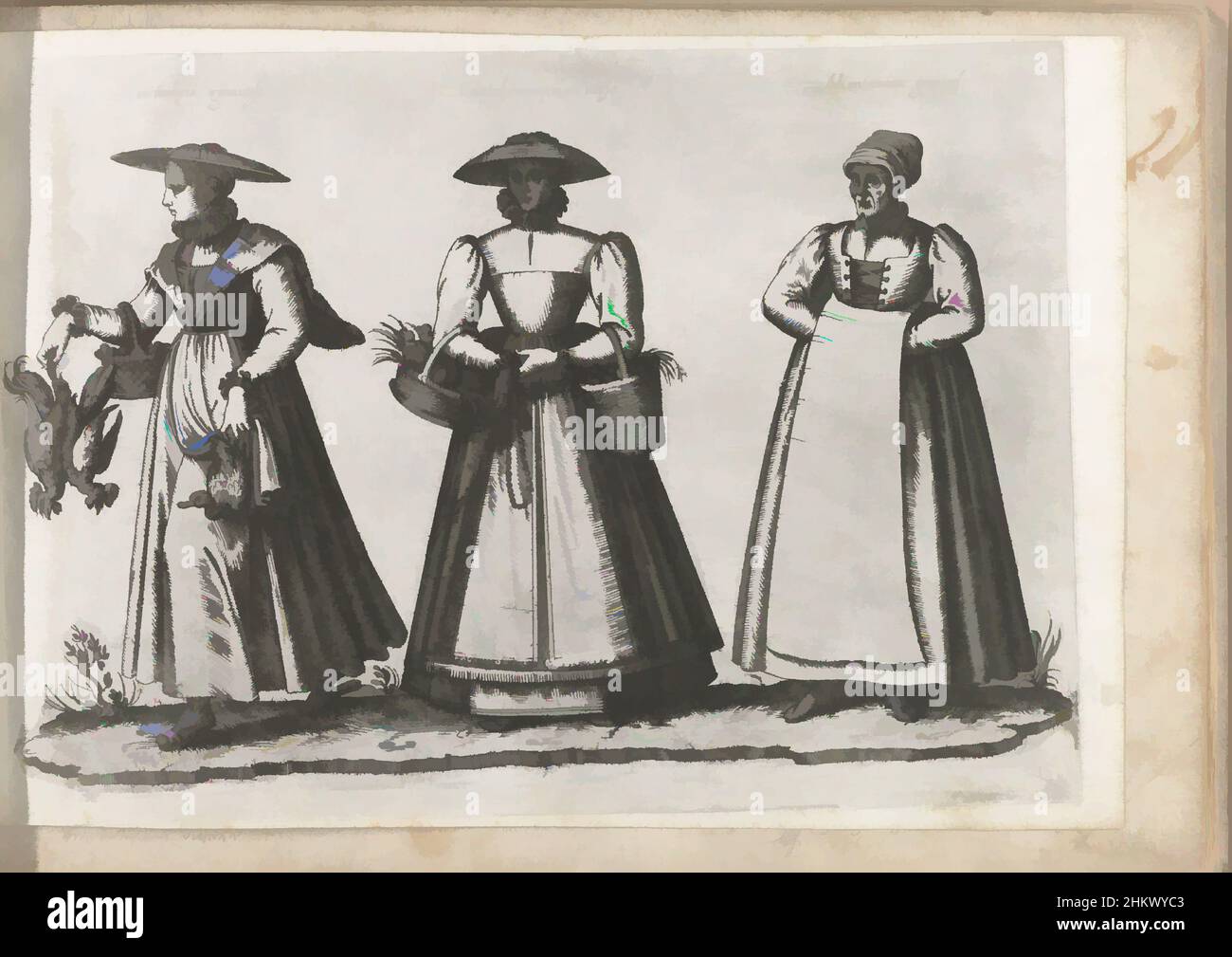 Kunst inspiriert von drei Frauen in ländlicher Kleidung aus Italien, ca. 1580, Contadina genovese, Contadina piamontese, Mantanara genovese, links eine Bauernfrau mit flachem Hut, links wandelend, einem Korb mit Eiern auf dem Arm, Hühnern und Ente in der Hand. In der Mitte, eine bäuerliche Frau, Classic Works modernisiert von Artotop mit einem Schuss Moderne. Formen, Farbe und Wert, auffällige visuelle Wirkung auf Kunst. Emotionen durch Freiheit von Kunstwerken auf zeitgemäße Weise. Eine zeitlose Botschaft, die eine wild kreative neue Richtung verfolgt. Künstler, die sich dem digitalen Medium zuwenden und die Artotop NFT erschaffen Stockfoto