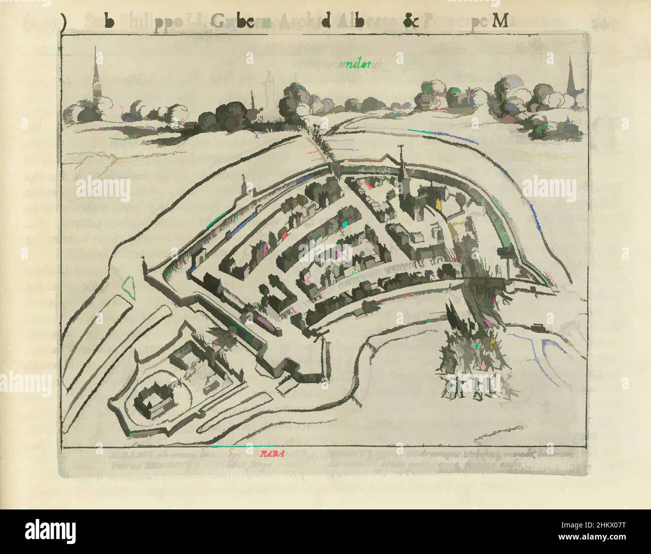 Kunst inspiriert von der Eroberung von Wachtendonk, 1600, Eroberung von Wachtendonk von Louis Gunther, Graf von Nassau, 23. Januar 1600. Plan der Stadt, über der Landschaft im Profil. Unten dringen die Staatstruppen am Kempener Tor in die Stadt ein. Mit 4-zeiliger lateinischer Beschriftung. Nummeriert 242. Gedruckt auf, modernisierte Classic Works von Artotop mit einem Schuss Moderne. Formen, Farbe und Wert, auffällige visuelle Wirkung auf Kunst. Emotionen durch Freiheit von Kunstwerken auf zeitgemäße Weise. Eine zeitlose Botschaft, die eine wild kreative neue Richtung verfolgt. Künstler, die sich dem digitalen Medium zuwenden und die Artotop NFT erschaffen Stockfoto