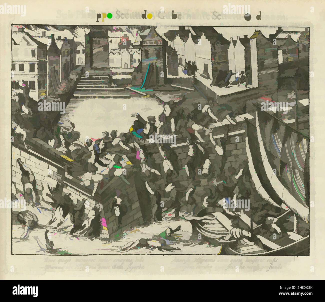 Kunst inspiriert von spanischer Furie: Einwohner fliehen in die Schelde, 1576, Spanische Furie in Antwerpen, 4-7. November 1576. Um der Gewalt zu entkommen, springen Antwerpers in die Schelde und versuchen mit Booten zu fliehen. Mit einer lateinischen Beschriftung von 4 Zeilen. Nummeriert: 65. Auf der Rückseite gedruckt mit, modernisierten Classic Works von Artotop mit einem Schuss Moderne. Formen, Farbe und Wert, auffällige visuelle Wirkung auf Kunst. Emotionen durch Freiheit von Kunstwerken auf zeitgemäße Weise. Eine zeitlose Botschaft, die eine wild kreative neue Richtung verfolgt. Künstler, die sich dem digitalen Medium zuwenden und die Artotop NFT erschaffen Stockfoto