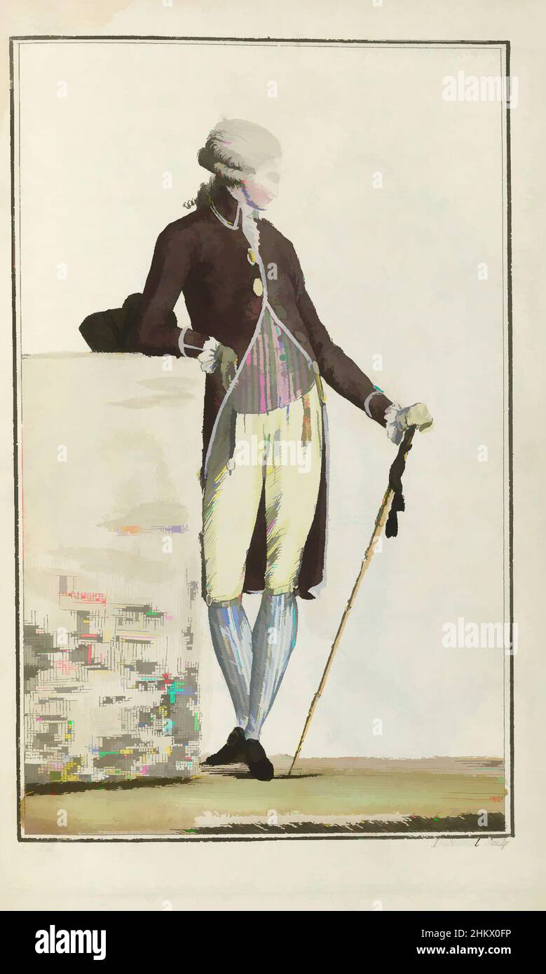 Art inspired by Cabinet des Modes ou les Modes Nouvelles, 15. September 1786, pl. II, Mann in zerbrechter und gelber Kniehose, an einer Wand gelehnt. Laut dem Begleittext ist der Mann mit seinem rotbraunen Frak, einer im Herbst 1786 modischen Farbe, modisch. Der Mantel hat eine, Classic Works modernisiert von Artotop mit einem Spritzer von Modernität. Formen, Farbe und Wert, auffällige visuelle Wirkung auf Kunst. Emotionen durch Freiheit von Kunstwerken auf zeitgemäße Weise. Eine zeitlose Botschaft, die eine wild kreative neue Richtung verfolgt. Künstler, die sich dem digitalen Medium zuwenden und die Artotop NFT erschaffen Stockfoto