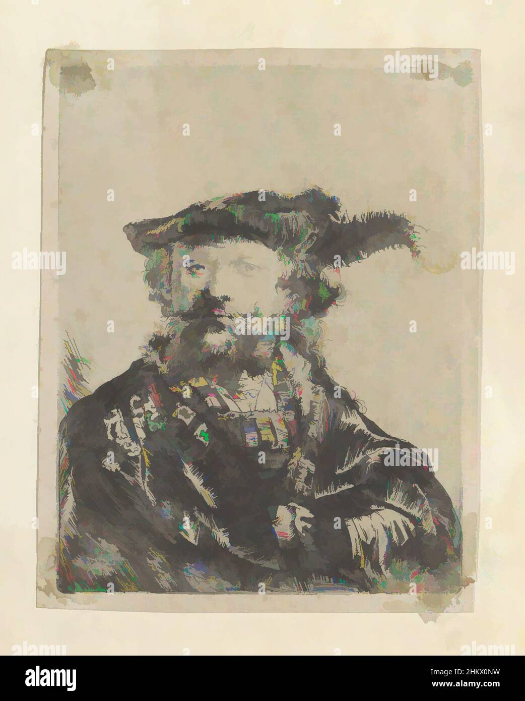 Kunst inspiriert von Selbstportrait mit flauschiger Samtberette, Recueil de quatre-vingt-cinq estampes originales (Serientitel), der Druck ist Teil eines Albums., Druckerei: Rembrandt van Rijn, Verlag: Henry Louis Basan, Paris, 1638 und/oder 1807 - 1808, Papier, Radierung, Höhe 134 mm × Breite, Klassische Werke, die von Artotop mit einem Schuss Moderne modernisiert wurden. Formen, Farbe und Wert, auffällige visuelle Wirkung auf Kunst. Emotionen durch Freiheit von Kunstwerken auf zeitgemäße Weise. Eine zeitlose Botschaft, die eine wild kreative neue Richtung verfolgt. Künstler, die sich dem digitalen Medium zuwenden und die Artotop NFT erschaffen Stockfoto