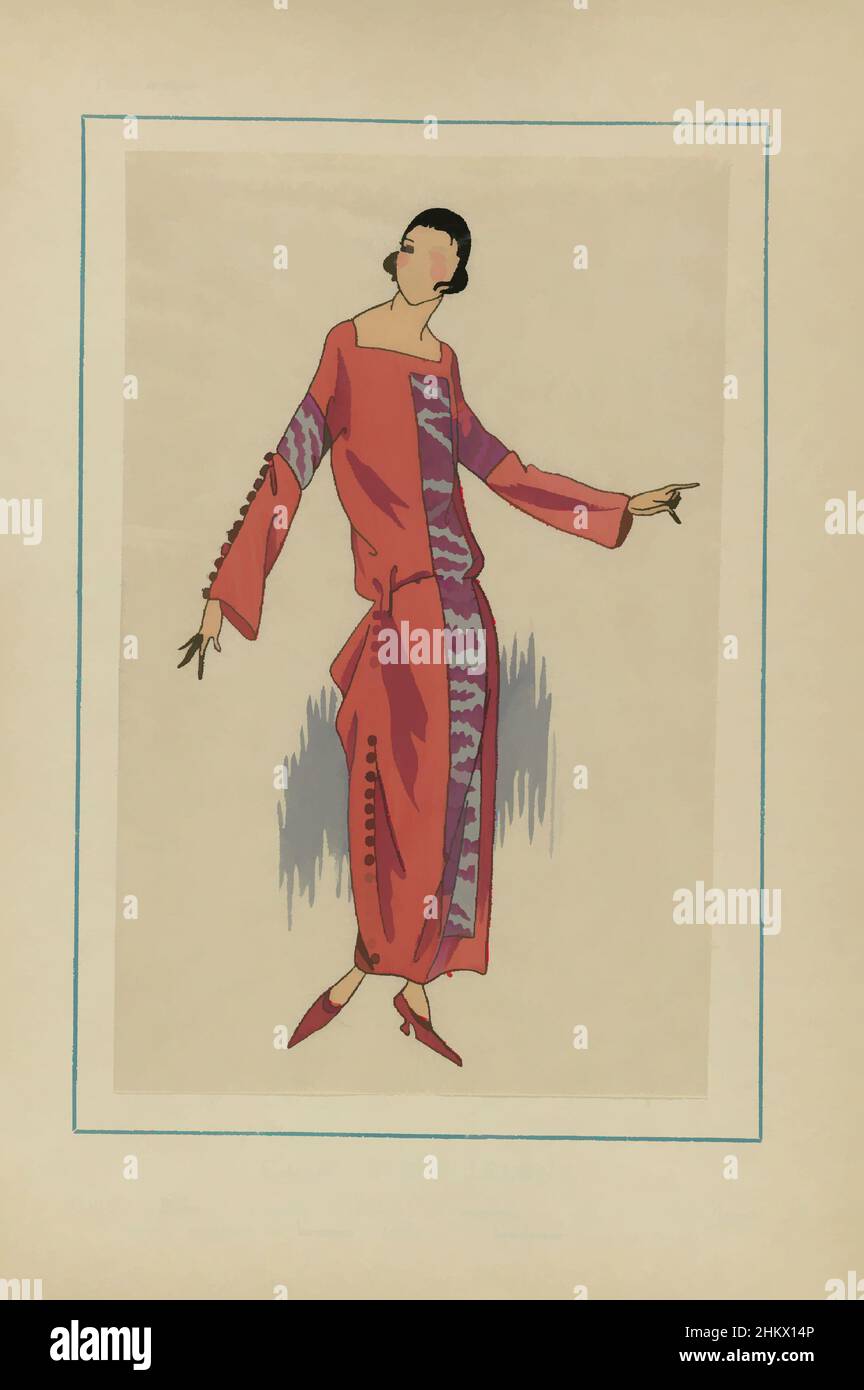 Art inspired by Très Parisien, 1923, No. 1: Création Lucien Lelong, geschmeidiges Kleid von Lucien Lelong, garniert mit grauer und roter Stickerei. Knöpfe aus Stoff. Druck aus dem Modemagazin Très Parisien (1920-1936)., Druckerei:, Lucien Lelong, Paris, 1923, Papier, Buchdruck, Classic Works modernisiert von Artotop mit einem Schuss Moderne. Formen, Farbe und Wert, auffällige visuelle Wirkung auf Kunst. Emotionen durch Freiheit von Kunstwerken auf zeitgemäße Weise. Eine zeitlose Botschaft, die eine wild kreative neue Richtung verfolgt. Künstler, die sich dem digitalen Medium zuwenden und die Artotop NFT erschaffen Stockfoto