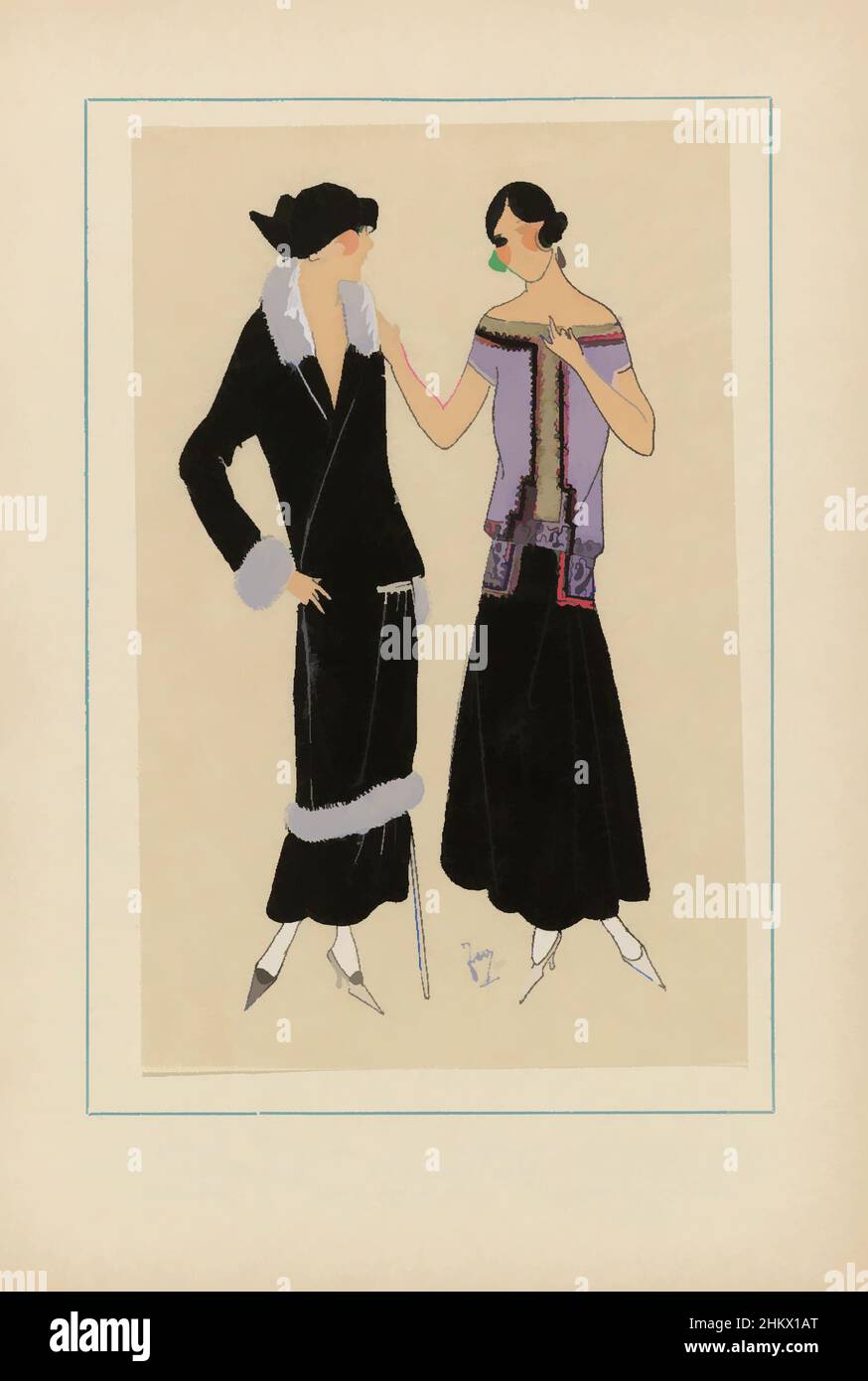 Kunst inspiriert von Très Parisien, 1923, Nr. 10: 5.- JEUNESSE. - CE trois pièces..., Trois-pièces. 'Robe parisiennne' (Kleid), dessen Oberteil mit Bändern verziert ist. Umhang, gerader Schnitt mit Verschluss an der linken Hüfte, mit Fell beschnitten. Entwürfe von Jean Patou. Print aus der Mode, Classic Works modernisiert von Artotop mit einem Schuss Moderne. Formen, Farbe und Wert, auffällige visuelle Wirkung auf Kunst. Emotionen durch Freiheit von Kunstwerken auf zeitgemäße Weise. Eine zeitlose Botschaft, die eine wild kreative neue Richtung verfolgt. Künstler, die sich dem digitalen Medium zuwenden und die Artotop NFT erschaffen Stockfoto