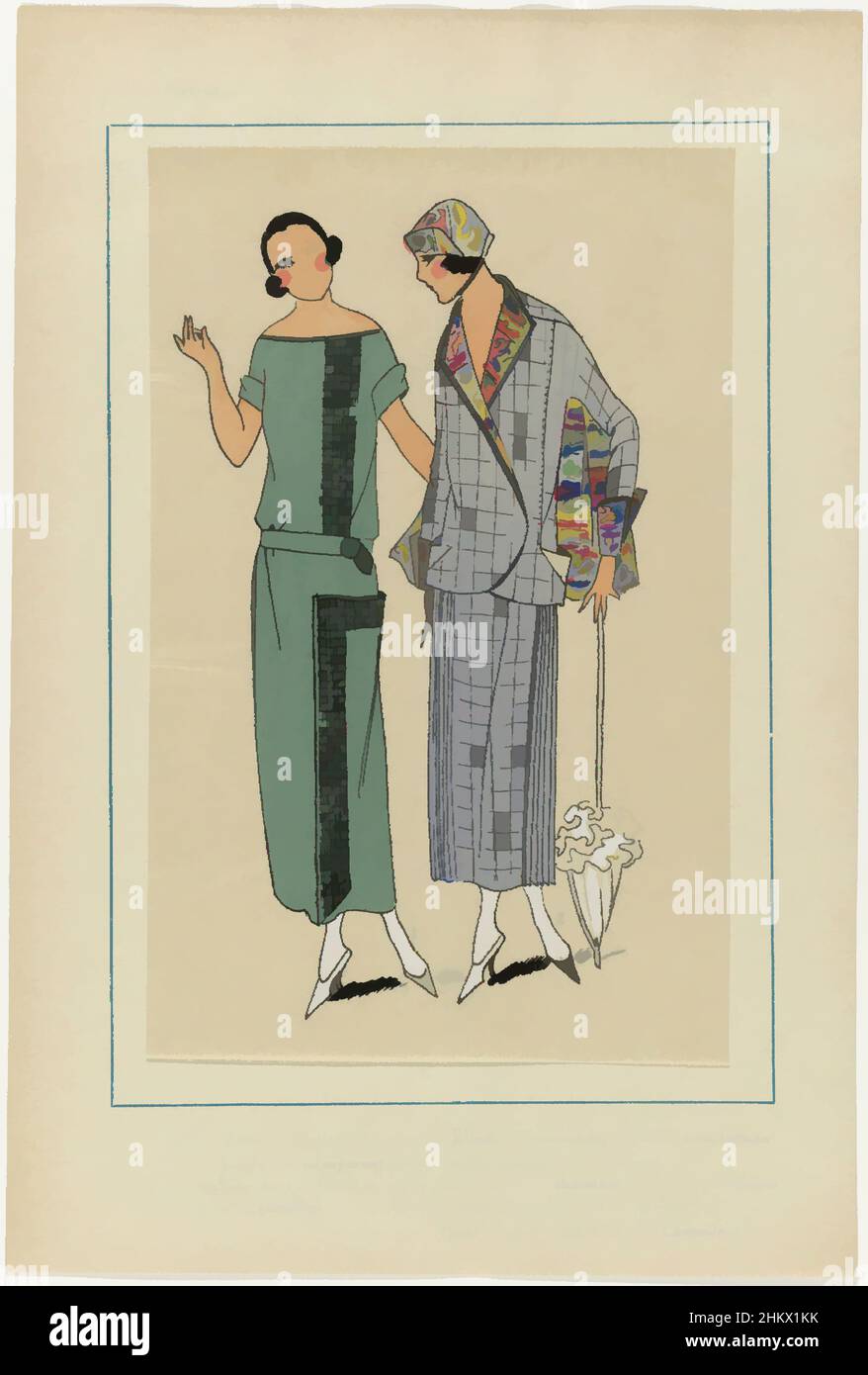 Kunst inspiriert von Très Parisien, 1923, Nr. 4: 5. - EINLADUNG. 1. Petite Robe..., 1. Kleid aus mandelgrünem „Crepe Ellaine“, garniert mit einem karierten Band. 2. Ein Tailleur (Anzug) aus kariertem Stoff, dessen Jacke mit Seide gefüttert ist ('Soie fantaisie'). Accessoires: hut aus dem gleichen Stoff, Classic Works modernisiert von Artotop mit einem Schuss Modernität. Formen, Farbe und Wert, auffällige visuelle Wirkung auf Kunst. Emotionen durch Freiheit von Kunstwerken auf zeitgemäße Weise. Eine zeitlose Botschaft, die eine wild kreative neue Richtung verfolgt. Künstler, die sich dem digitalen Medium zuwenden und die Artotop NFT erschaffen Stockfoto