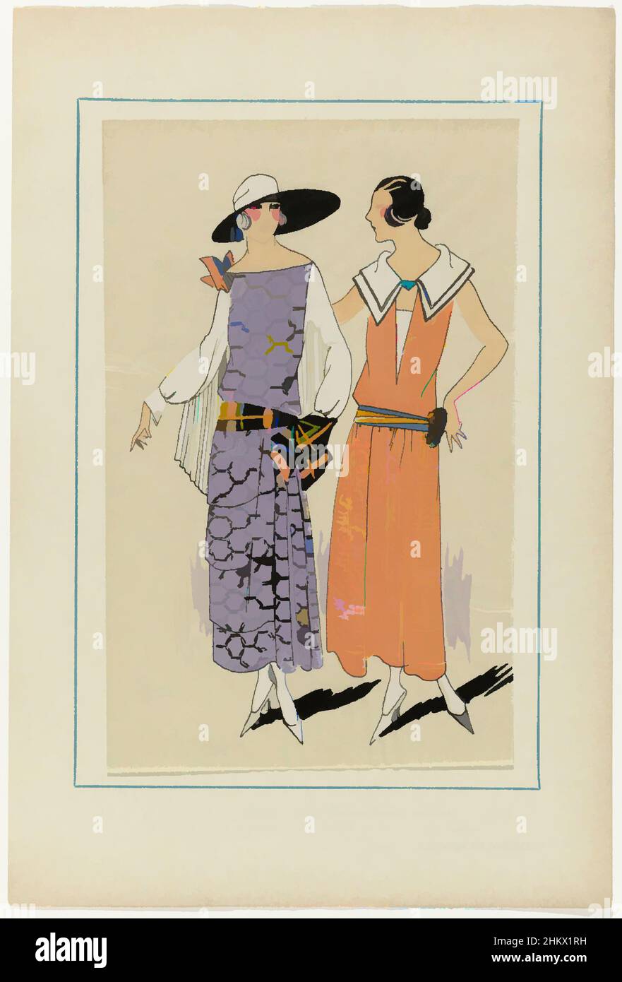 Art inspired by Très Parisien, 1923, No 5: 12.- EN VISITE..., 1. Kleid aus besticktem 'Crepe Colette', mit einem Band. 2. Kleid von orange crêpe Colette bestickt mit gelben Lockenmotiv von Bändern. Stoffe von Diéderichs-Soieries. Print aus dem Modemagazin Très, Classic Works modernisiert von Artotop mit einem Schuss Modernität. Formen, Farbe und Wert, auffällige visuelle Wirkung auf Kunst. Emotionen durch Freiheit von Kunstwerken auf zeitgemäße Weise. Eine zeitlose Botschaft, die eine wild kreative neue Richtung verfolgt. Künstler, die sich dem digitalen Medium zuwenden und die Artotop NFT erschaffen Stockfoto