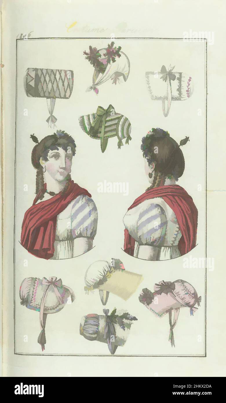 Art inspired by Journal des dames et des Modes, Edition Frankfurt 1 Juillet 1806, Costume Parisien (27), sechs Modelle von Kapuzenhüten, eine Haube und Beispiel einer Frisur mit aufgehobenen und hängenden Zöpfen, von vorne und von hinten gesehen. Gemäß dem Begleittext (S. 21): Abb. 2, Classic Works modernisiert von Artotop mit einem Schuss Moderne. Formen, Farbe und Wert, auffällige visuelle Wirkung auf Kunst. Emotionen durch Freiheit von Kunstwerken auf zeitgemäße Weise. Eine zeitlose Botschaft, die eine wild kreative neue Richtung verfolgt. Künstler, die sich dem digitalen Medium zuwenden und die Artotop NFT erschaffen Stockfoto