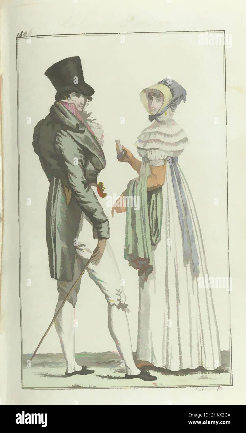 Art inspired by Journal des Dames et des Modes, Frankfurt Edition 14 juillet 1806, Costume Parisien (29), the begleitende Text (S. 84) Zustände: Abb. 1: Chapeau de négligé. Kleid aus weißem Musselin. Kurze Puffärmel. Gürtel aus violettem Band. Plissiertes Pélerin. Grüner Seidenschal. Gloves in, Classic Works modernisiert von Artotop mit einem Schuss Moderne. Formen, Farbe und Wert, auffällige visuelle Wirkung auf Kunst. Emotionen durch Freiheit von Kunstwerken auf zeitgemäße Weise. Eine zeitlose Botschaft, die eine wild kreative neue Richtung verfolgt. Künstler, die sich dem digitalen Medium zuwenden und die Artotop NFT erschaffen Stockfoto
