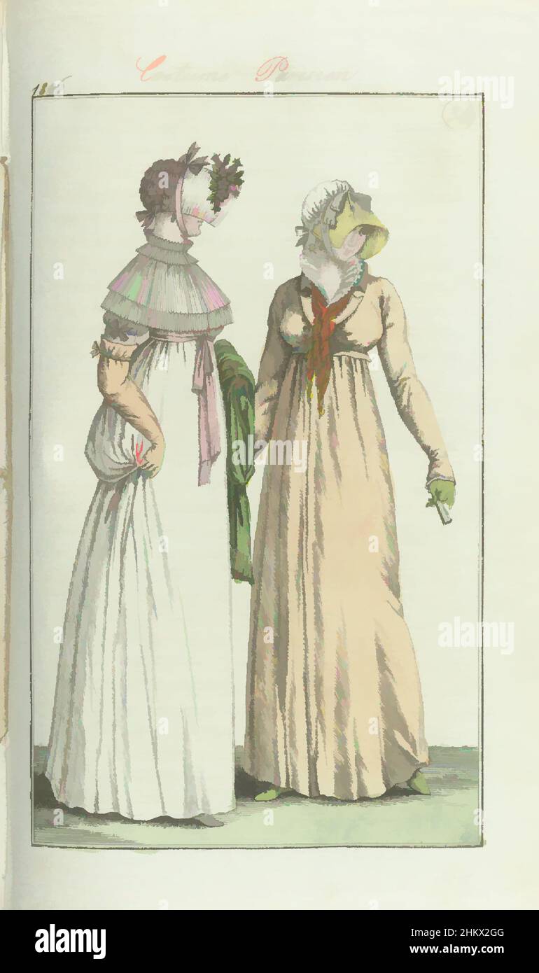 Art inspired by Journal des Dames et des Modes, Frankfurt Edition 18 août 1806, Costume Parisien (34), Laut dem Begleittext (S. 214): „Abb. 1. Reitkostüm für Damen. Strohhut mit Ball aus Taft. Empire-Kleid in der Farbe nankin (gelbliche Baumwolle). Gestickte, klassische Werke, die von Artotop mit einem Schuss Moderne modernisiert wurden. Formen, Farbe und Wert, auffällige visuelle Wirkung auf Kunst. Emotionen durch Freiheit von Kunstwerken auf zeitgemäße Weise. Eine zeitlose Botschaft, die eine wild kreative neue Richtung verfolgt. Künstler, die sich dem digitalen Medium zuwenden und die Artotop NFT erschaffen Stockfoto