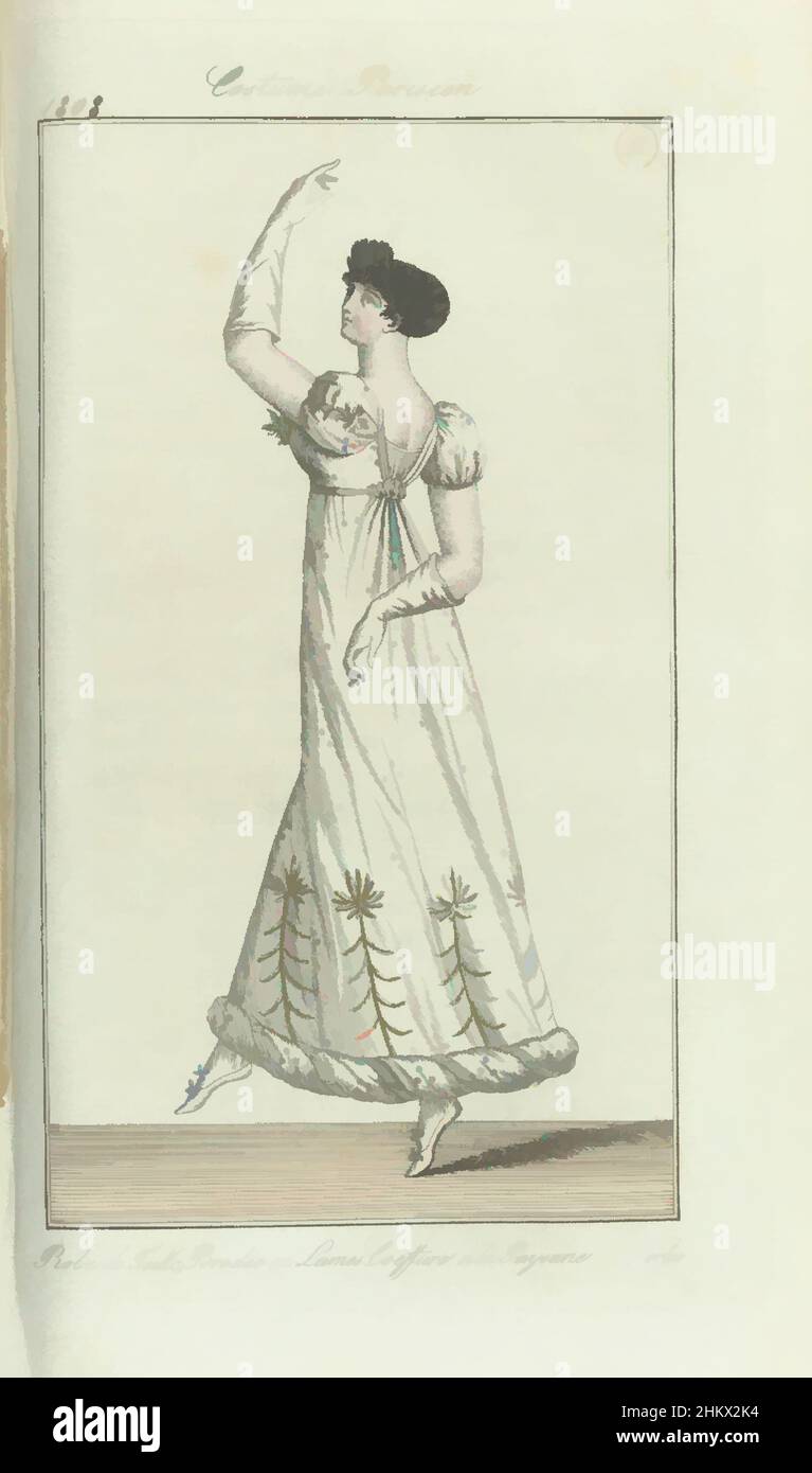Art inspired by Journal des Dames et des Modes, Frankfurter Ausgabe 14 mars 1808, Costume Parisien (11): Robe de Tulle..., Laut Begleittext (S. 288): Coiffure à la Paysanne, verziert mit Perlen. Kleid aus Tüll, bestickt mit Goldfaden. Weiße Handschuhe. Weiße Schuhe, Classic Works modernisiert von Artotop mit einem Schuss Modernität. Formen, Farbe und Wert, auffällige visuelle Wirkung auf Kunst. Emotionen durch Freiheit von Kunstwerken auf zeitgemäße Weise. Eine zeitlose Botschaft, die eine wild kreative neue Richtung verfolgt. Künstler, die sich dem digitalen Medium zuwenden und die Artotop NFT erschaffen Stockfoto