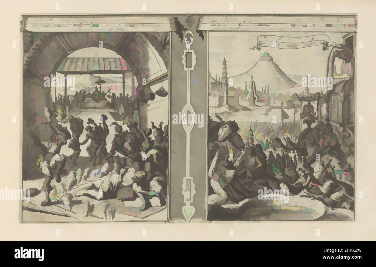 Kunst inspiriert von Headman Smith bei den Virginians; Royal Feast at Pegu, Virginian Ceremonies, Ceremonies de Virginie, King's Feasts to Pegu, Les Indes Orientales et Occidentales et autres lieux (Serientitel), Darstellung in zwei Teilen. Links der englische Häuptling Smith mit den von Artotop modernisierten Classic Works mit einem Schuss Modernität. Formen, Farbe und Wert, auffällige visuelle Wirkung auf Kunst. Emotionen durch Freiheit von Kunstwerken auf zeitgemäße Weise. Eine zeitlose Botschaft, die eine wild kreative neue Richtung verfolgt. Künstler, die sich dem digitalen Medium zuwenden und die Artotop NFT erschaffen Stockfoto