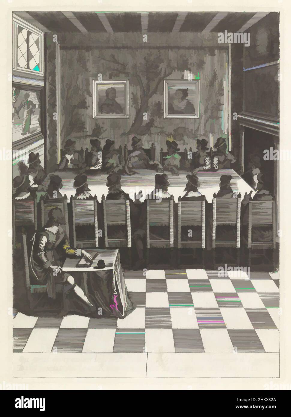 Kunst inspiriert von der Generalversammlung der Staaten, Histoire de l'entree de la reyne Mere du Roy tres-chrestien, dans les Provinces Unies des Pays-Bas. (Serientitel), 17 Mitglieder der Generalstaaten treffen sich an einem rechteckigen Tisch. Ein Sachbearbeiter notiert die Entscheidungen in einem Buch. An der Wand, ein, Classic Works modernisiert von Artotop mit einem Schuss Moderne. Formen, Farbe und Wert, auffällige visuelle Wirkung auf Kunst. Emotionen durch Freiheit von Kunstwerken auf zeitgemäße Weise. Eine zeitlose Botschaft, die eine wild kreative neue Richtung verfolgt. Künstler, die sich dem digitalen Medium zuwenden und die Artotop NFT erschaffen Stockfoto
