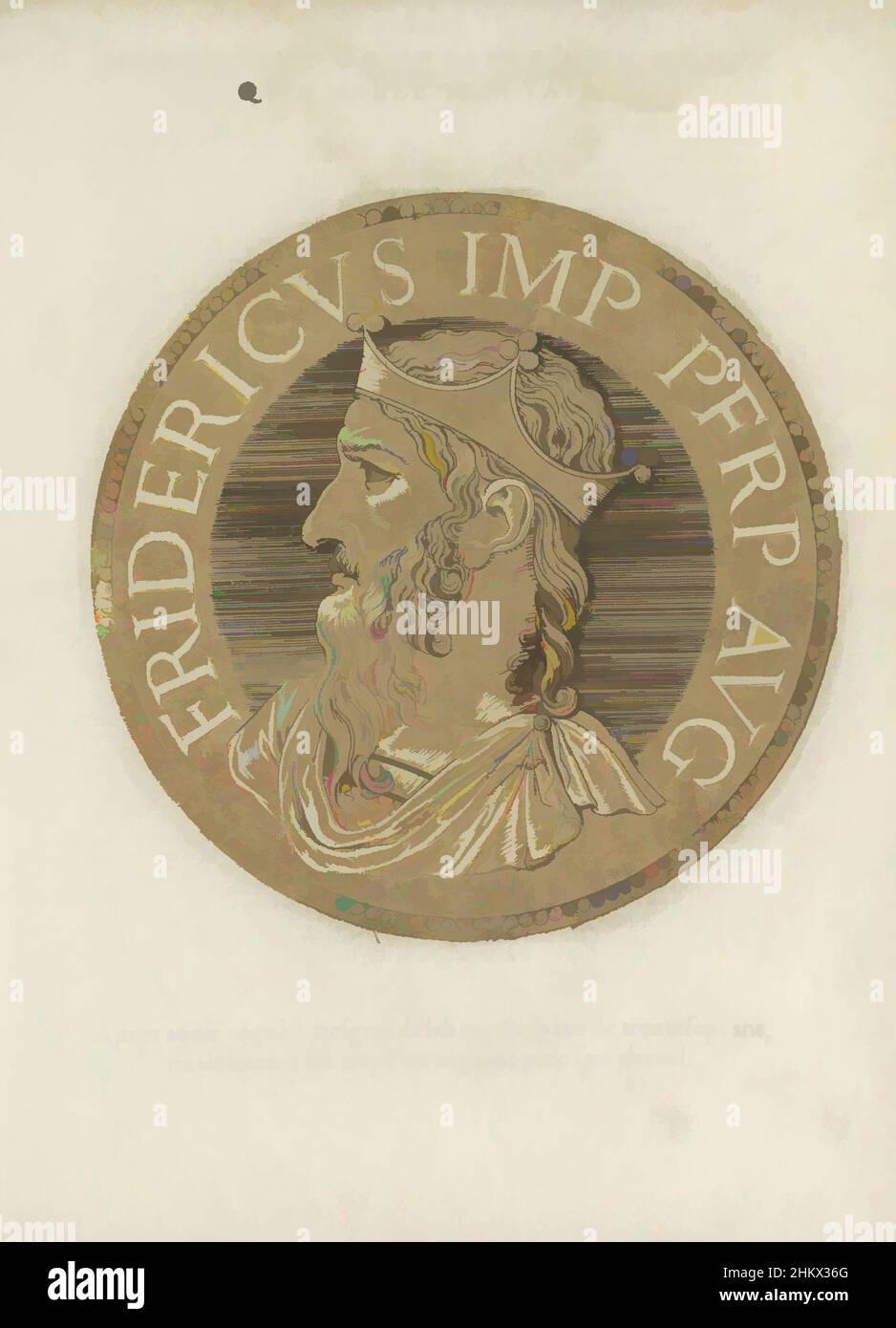 Kunst inspiriert von Porträt von Kaiser Friedrich I. Barbarossa, Les images presque de tous les empereurs (Serientitel), Porträt von Kaiser Friedrich I. Barbarossa, auf einer Münze mit Randprägung. Die Druckausgabe ist Teil eines Buches über die Kaiser von Julius Caesar bis Karl V. und seinem Bruder, klassische Werke, die von Artotop mit einem Schuss Moderne modernisiert wurden. Formen, Farbe und Wert, auffällige visuelle Wirkung auf Kunst. Emotionen durch Freiheit von Kunstwerken auf zeitgemäße Weise. Eine zeitlose Botschaft, die eine wild kreative neue Richtung verfolgt. Künstler, die sich dem digitalen Medium zuwenden und die Artotop NFT erschaffen Stockfoto