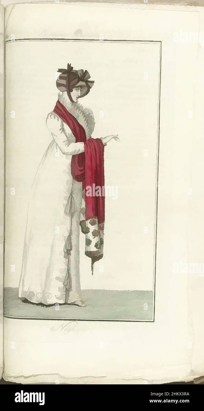 Art inspired by Journal des Dames et des Modes, Costume Parisien, 1805, an 13 (633) Négligé, Frau rechts, in einem weißen Hauskleid mit erhobener Collerette; roter Schal über den Schultern. Auf dem Kopf, Hut mit Bändern und Schleife vorne., Druckerei: Horace Vernet, Verlag: Pierre de la, Klassisches Werk, das von Artotop mit einem Schuss Moderne modernisiert wurde. Formen, Farbe und Wert, auffällige visuelle Wirkung auf Kunst. Emotionen durch Freiheit von Kunstwerken auf zeitgemäße Weise. Eine zeitlose Botschaft, die eine wild kreative neue Richtung verfolgt. Künstler, die sich dem digitalen Medium zuwenden und die Artotop NFT erschaffen Stockfoto