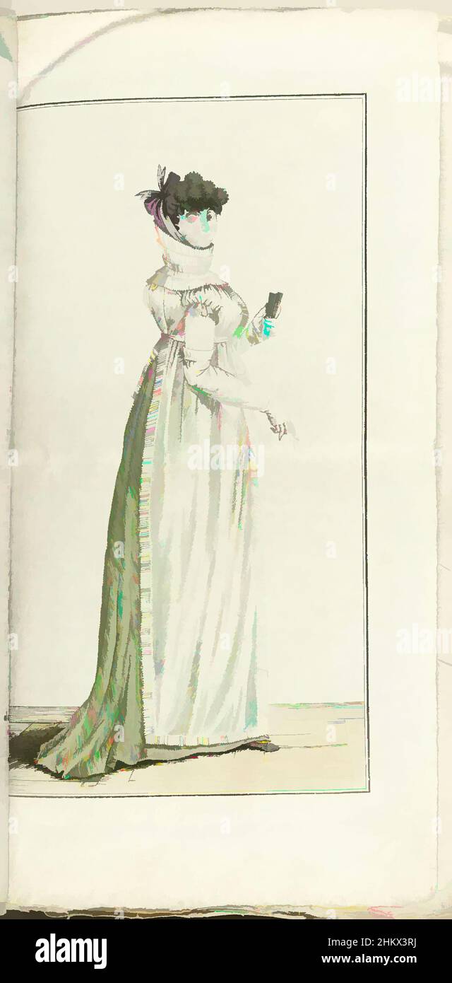 Kunst inspiriert von Journal des Dames et des Modes, Costume Parisien, 1805, an 13 (589) Tablier-Robe. Haube-Chapeau, Frau rechts, in einer 'Tablier-Robe' mit einem riesigen Kragen knapp unter dem Kinn (Collerette plissé) auf dem Kopf eine 'Haube-Chapeau' mit einer violetten Schleife. Lange weiße Handschuhe, Classic Works modernisiert von Artotop mit einem Schuss Moderne. Formen, Farbe und Wert, auffällige visuelle Wirkung auf Kunst. Emotionen durch Freiheit von Kunstwerken auf zeitgemäße Weise. Eine zeitlose Botschaft, die eine wild kreative neue Richtung verfolgt. Künstler, die sich dem digitalen Medium zuwenden und die Artotop NFT erschaffen Stockfoto