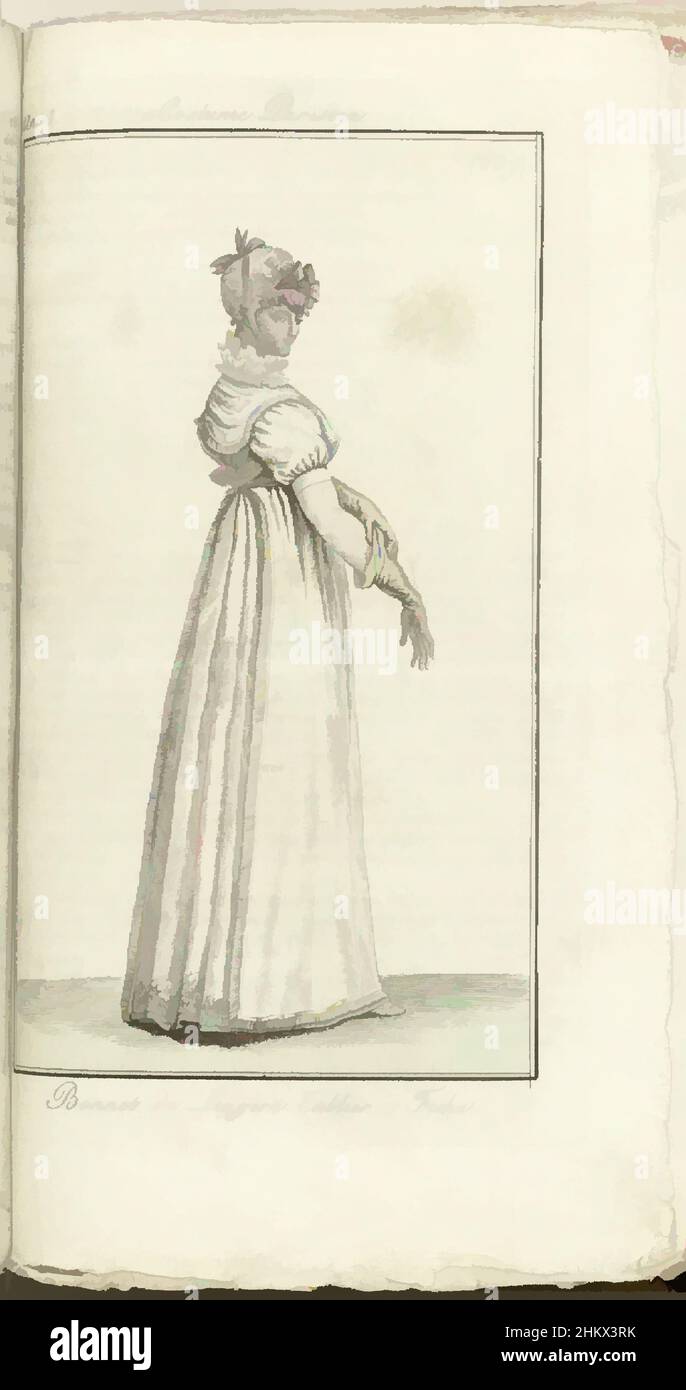 Kunst inspiriert von Journal des Dames et des Modes, Costume Parisien, 1805, an 13 (639) Bonnet de Lingère..., Frau rechts, in weißem Kleid mit weißer Schürze und Fichu (Tablier en Fichu). Lange Handschuhe. Hut mit Band und Schleife., Druckerei: Horace Vernet, Verlag: Pierre de la Mésangère, Klassisches Werk, das von Artotop mit einem Schuss Moderne modernisiert wurde. Formen, Farbe und Wert, auffällige visuelle Wirkung auf Kunst. Emotionen durch Freiheit von Kunstwerken auf zeitgemäße Weise. Eine zeitlose Botschaft, die eine wild kreative neue Richtung verfolgt. Künstler, die sich dem digitalen Medium zuwenden und die Artotop NFT erschaffen Stockfoto