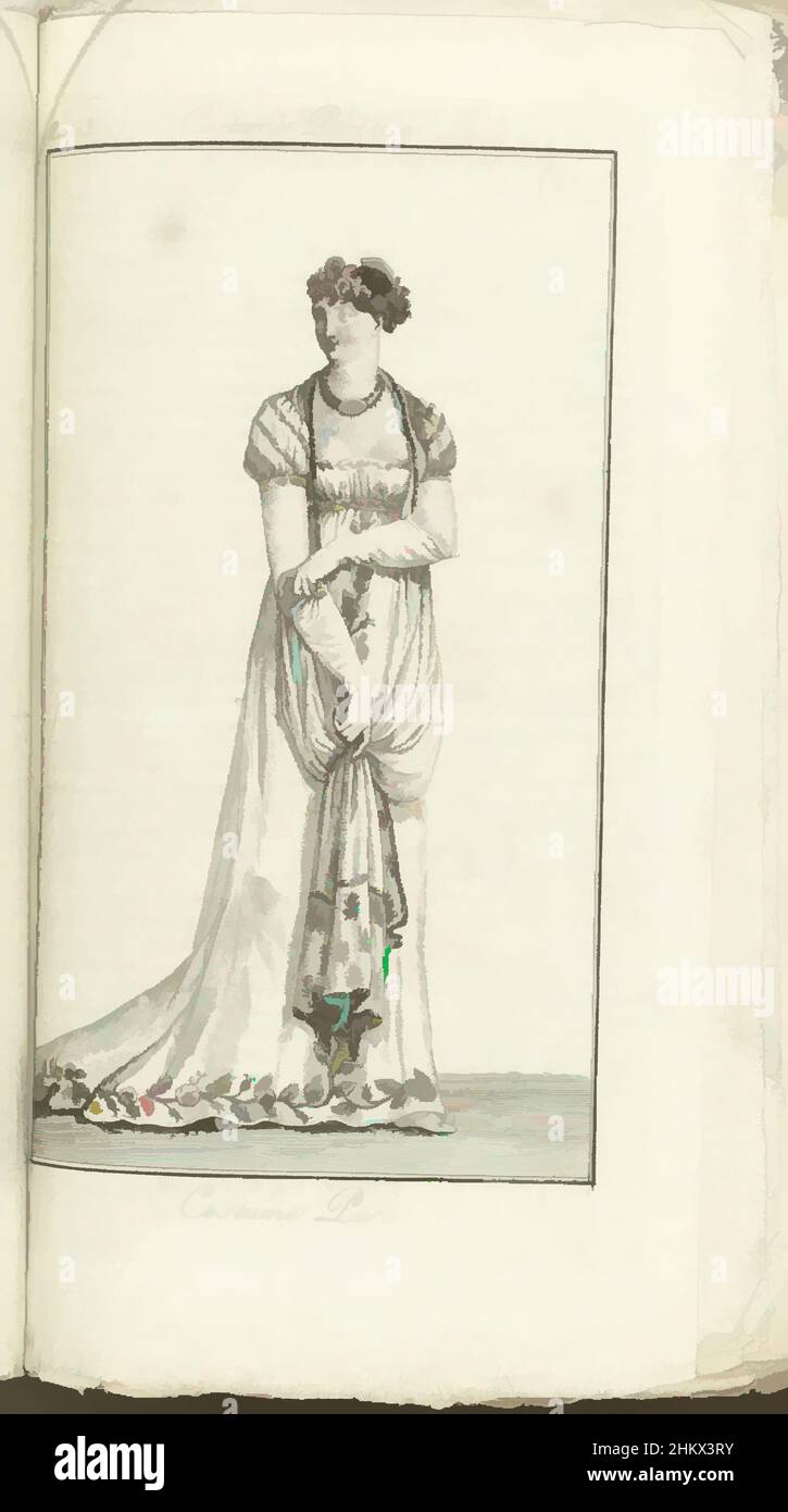 Kunst inspiriert von Journal des Dames et des Modes, Costume Parisien, 1805, ein 13 (630) Costume Paré., Frau im weißen Abendkleid mit kurzen Puffärmeln und Zug mit einem Rand aus gestickten Blumen. Blumenkranz im Haar. Lange Handschuhe. Halskette mit Anhänger., Druckerei: Horace, Classic Works modernisiert von Artotop mit einem Schuss Moderne. Formen, Farbe und Wert, auffällige visuelle Wirkung auf Kunst. Emotionen durch Freiheit von Kunstwerken auf zeitgemäße Weise. Eine zeitlose Botschaft, die eine wild kreative neue Richtung verfolgt. Künstler, die sich dem digitalen Medium zuwenden und die Artotop NFT erschaffen Stockfoto