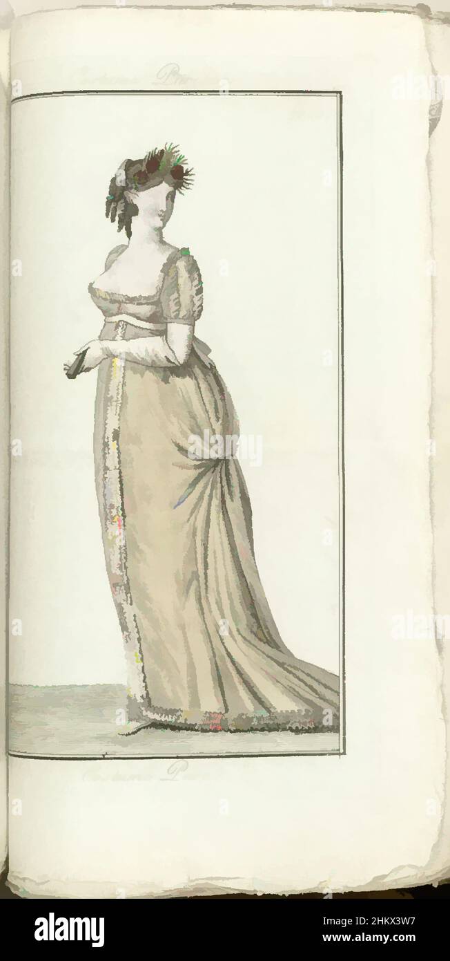 Art inspired by Journal des Dames et des Modes, Costume Parisien, 1805, an 13 (650) Costume Paré, Lady in beigem Abendkleid mit tiefem Ausschnitt und Zug. In der Hand ein gefaltetes Gebläse. Frisur mit rotem Blumenkranz, Druckerei: Horace Vernet, Verlag: Pierre de la Mésangère, Klassische Werke, die von Artotop mit einem Schuss Moderne modernisiert wurden. Formen, Farbe und Wert, auffällige visuelle Wirkung auf Kunst. Emotionen durch Freiheit von Kunstwerken auf zeitgemäße Weise. Eine zeitlose Botschaft, die eine wild kreative neue Richtung verfolgt. Künstler, die sich dem digitalen Medium zuwenden und die Artotop NFT erschaffen Stockfoto