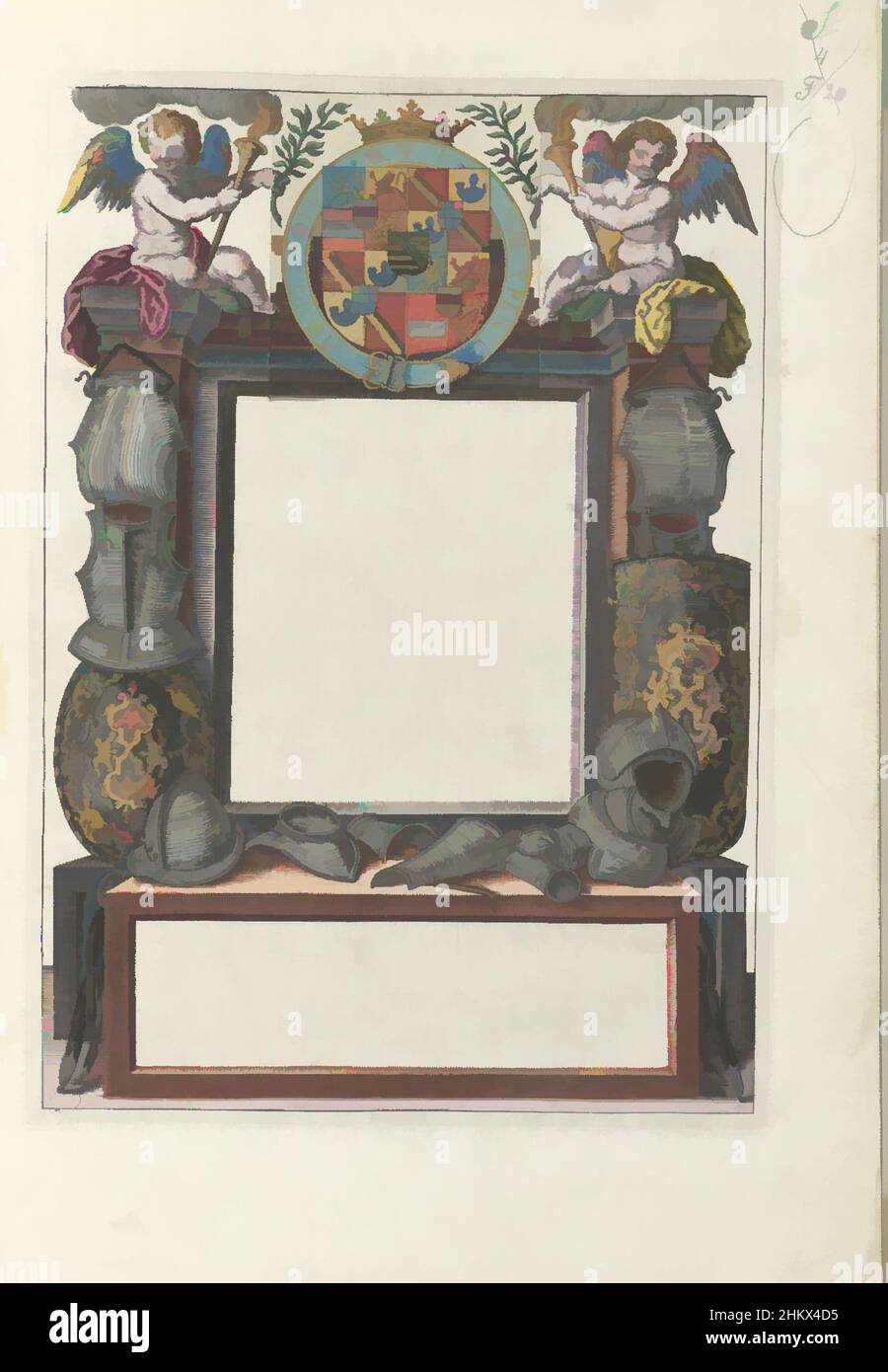 Art inspired by Titelseite einer deutschen Ausgabe von Adam van Breens De Nassausche Wapen-Handelinge, 1618, Titelseite einer deutschen Ausgabe Adam van Breens De Nassausche Wapen-Handelinge, 1618. Veröffentlicht unter dem (hier fehlenden) Titel: Nassauische Waffenhandel. Titel in architektonischen, Klassische Werke von Artotop mit einem Schuss Moderne modernisiert. Formen, Farbe und Wert, auffällige visuelle Wirkung auf Kunst. Emotionen durch Freiheit von Kunstwerken auf zeitgemäße Weise. Eine zeitlose Botschaft, die eine wild kreative neue Richtung verfolgt. Künstler, die sich dem digitalen Medium zuwenden und die Artotop NFT erschaffen Stockfoto