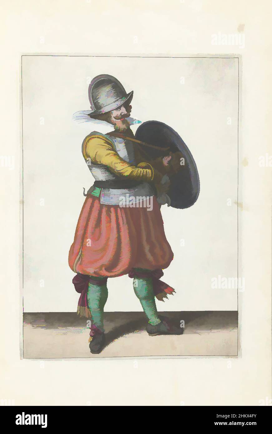 Kunst inspiriert von der Übung mit Schild und Speer: Der Soldat zieht seinen Greifer hinter seinem Schild (Nr. 1) 18), 1618, die Übung mit Schild und Speer: Der Soldat zieht seinen Vergewaltiger hinter seinem Schild, 1618. Teil der Illustrationen in: Adam van Breen, Nassauische, Klassische Werke, die von Artotop mit einem Schuss Moderne modernisiert wurden. Formen, Farbe und Wert, auffällige visuelle Wirkung auf Kunst. Emotionen durch Freiheit von Kunstwerken auf zeitgemäße Weise. Eine zeitlose Botschaft, die eine wild kreative neue Richtung verfolgt. Künstler, die sich dem digitalen Medium zuwenden und die Artotop NFT erschaffen Stockfoto