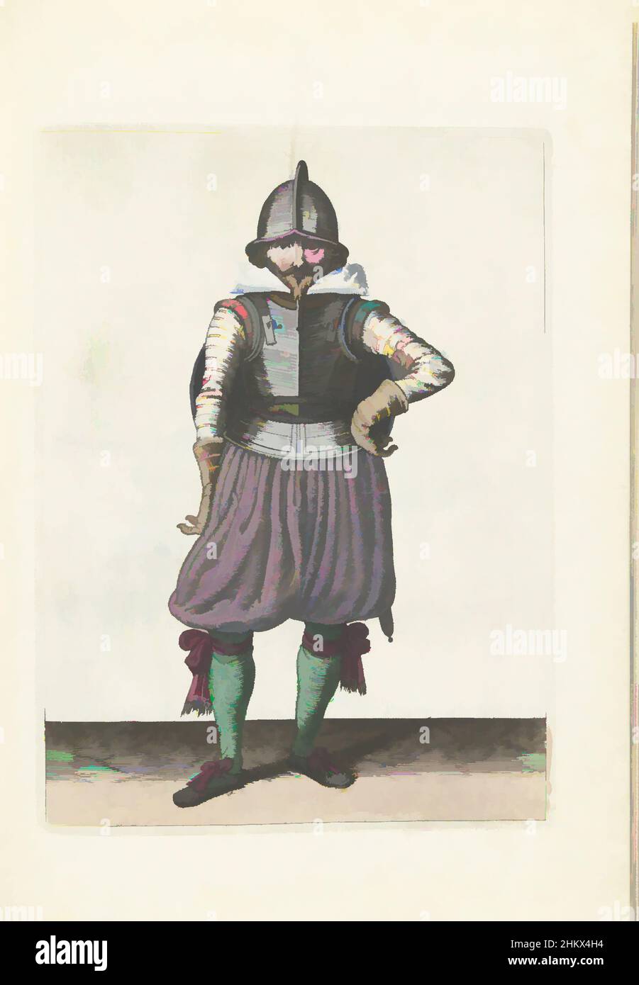 Kunst inspiriert von der Übung mit Schild und Speer: Der Soldat steht in Ruhe mit dem Schild auf dem Rücken (Nr. 1) 27), 1618, die Übung mit Schild und Speer: Der in Ruhe stehende Soldat mit dem Schild auf dem Rücken, 1618. Teil der Illustrationen in: Adam van Breen, Nassauische, Klassische Werke, die von Artotop mit einem Schuss Moderne modernisiert wurden. Formen, Farbe und Wert, auffällige visuelle Wirkung auf Kunst. Emotionen durch Freiheit von Kunstwerken auf zeitgemäße Weise. Eine zeitlose Botschaft, die eine wild kreative neue Richtung verfolgt. Künstler, die sich dem digitalen Medium zuwenden und die Artotop NFT erschaffen Stockfoto