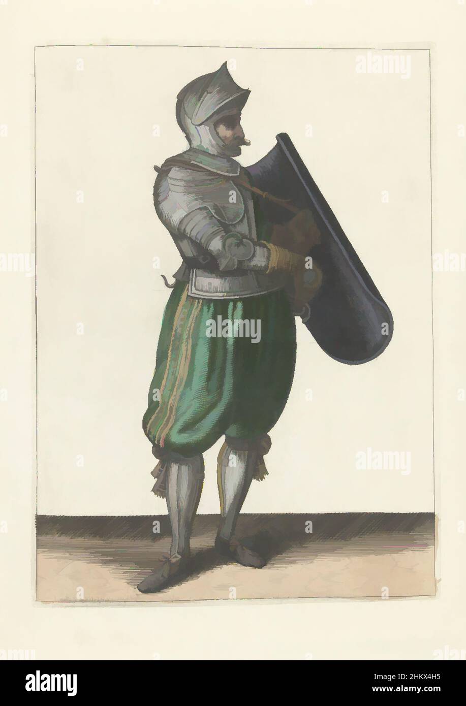 Kunst inspiriert von der Übung mit dem Targe und Rapier: Der Soldat hält die Targe leicht nach vorne, um den Rapier zu ziehen (nein 4), 1618, die Übung mit Targe und Vergewaltiger: Der Soldat hält die Targe leicht nach vorne, um den Vergewaltiger zu ziehen, 1618. Teil der Illustrationen in: Adam van, Klassische Werke, die von Artotop mit einem Schuss Moderne modernisiert wurden. Formen, Farbe und Wert, auffällige visuelle Wirkung auf Kunst. Emotionen durch Freiheit von Kunstwerken auf zeitgemäße Weise. Eine zeitlose Botschaft, die eine wild kreative neue Richtung verfolgt. Künstler, die sich dem digitalen Medium zuwenden und die Artotop NFT erschaffen Stockfoto