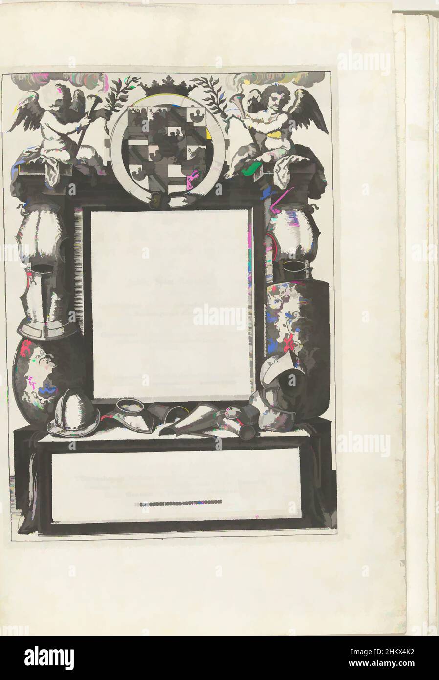 Art Inspired by Titelseite von Adam van Breens The Nassau Arms Trade, 1618, The Nassau Arms Trade, of Schilt, Spies, Rappier and Targe : beyde figuerlick afgebeelt, ende gestelt na de nieuwe ordening [of, Adam van Breen, Print maker:, Print maker: Northern Netherlands, Publisher: Die von Artotop modernisierten, klassischen Werke mit einem Schuss Moderne. Formen, Farbe und Wert, auffällige visuelle Wirkung auf Kunst. Emotionen durch Freiheit von Kunstwerken auf zeitgemäße Weise. Eine zeitlose Botschaft, die eine wild kreative neue Richtung verfolgt. Künstler, die sich dem digitalen Medium zuwenden und die Artotop NFT erschaffen Stockfoto