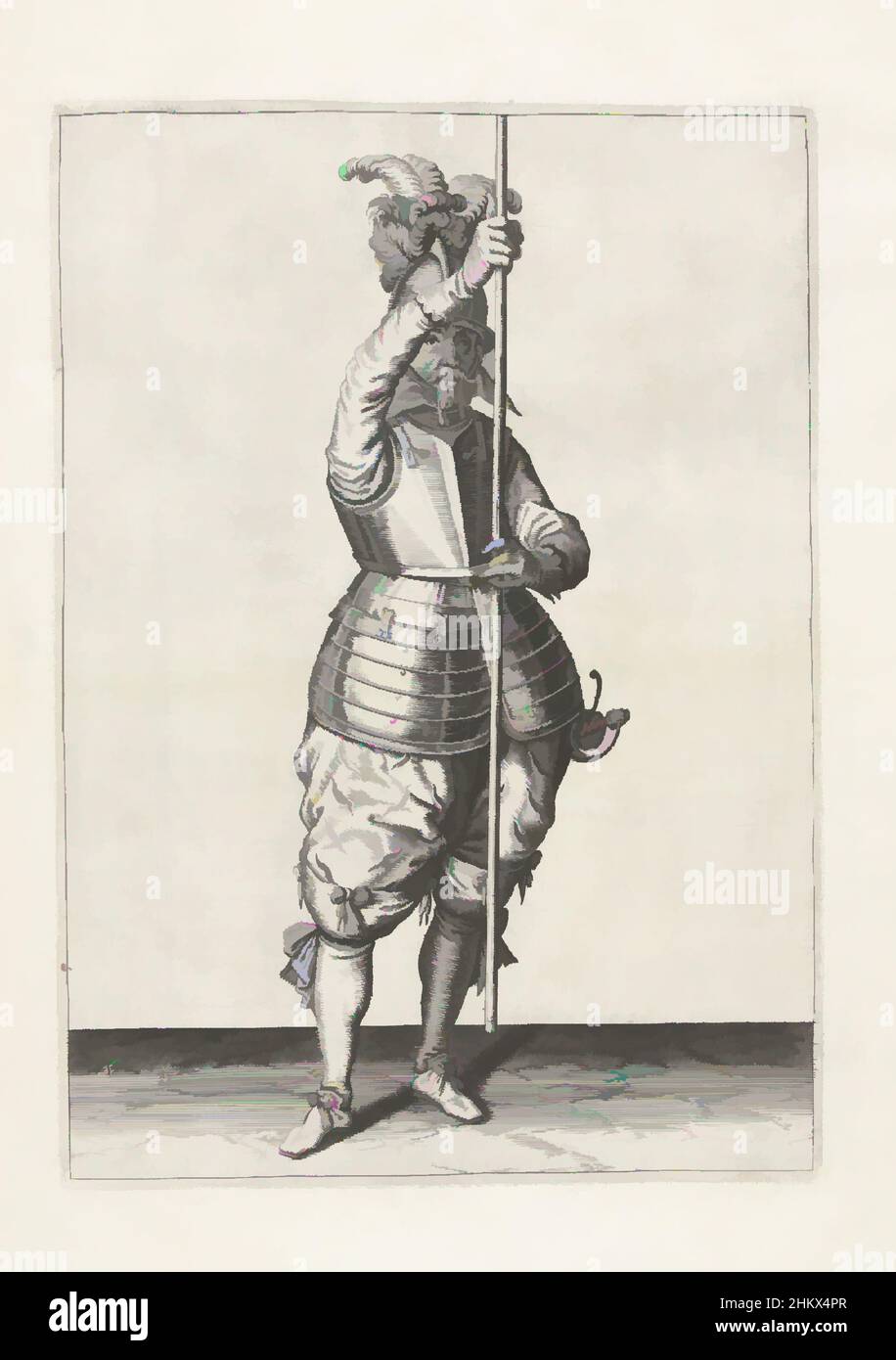 Von Soldier inspirierte Kunst, von vorne gesehen, den Speer mit beiden Händen aufrecht vor ihm leicht über dem Boden haltend (Nr. 1) 16), c. 1600, Ein Soldat, in voller Länge, hält einen Speer (Lanze) mit beiden Händen aufrecht vor ihm leicht über dem Boden (Nr. 1) 16), c. 1600. Dies, Classic Works modernisiert von Artotop mit einem Schuss Moderne. Formen, Farbe und Wert, auffällige visuelle Wirkung auf Kunst. Emotionen durch Freiheit von Kunstwerken auf zeitgemäße Weise. Eine zeitlose Botschaft, die eine wild kreative neue Richtung verfolgt. Künstler, die sich dem digitalen Medium zuwenden und die Artotop NFT erschaffen Stockfoto