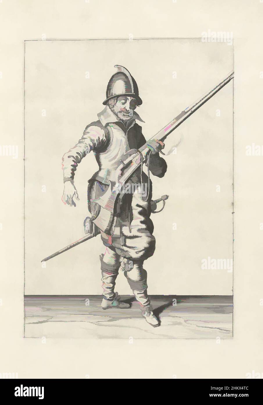 Kunst inspiriert von Soldier, der sein Ruder mit der linken Hand nach oben gewinkelt hält (Nr. 1) 12), c. 1600, Ein Soldat, in voller Länge, rechts, hält mit der linken Hand ein Ruder (eine bestimmte Art von Schusswaffe), nachdem er gefeuert wurde, das Fass nach oben geneigt, um zu verhindern, dass er versehentlich ein von Artotop modernisiertes Classic Works mit einem Schuss Moderne verletzt. Formen, Farbe und Wert, auffällige visuelle Wirkung auf Kunst. Emotionen durch Freiheit von Kunstwerken auf zeitgemäße Weise. Eine zeitlose Botschaft, die eine wild kreative neue Richtung verfolgt. Künstler, die sich dem digitalen Medium zuwenden und die Artotop NFT erschaffen Stockfoto