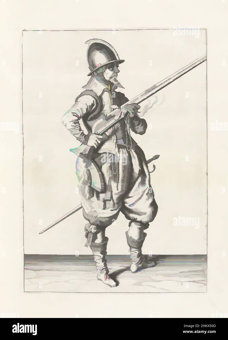 Kunst inspiriert von Soldat auf der Wache, der sein Ruder an seiner rechten Seite nach oben geneigt hält, seinen Finger auf dem Abzug (nein 36), c. 1600, Ein Soldat auf der Wache, in voller Länge, nach rechts, hält ein Ruder (eine bestimmte Art von Schusswaffe) mit beiden Händen an der rechten Seite, seinen rechten Zeigefinger auf dem, von Artotop modernisierten Classic Works mit einem Schuss Moderne. Formen, Farbe und Wert, auffällige visuelle Wirkung auf Kunst. Emotionen durch Freiheit von Kunstwerken auf zeitgemäße Weise. Eine zeitlose Botschaft, die eine wild kreative neue Richtung verfolgt. Künstler, die sich dem digitalen Medium zuwenden und die Artotop NFT erschaffen Stockfoto