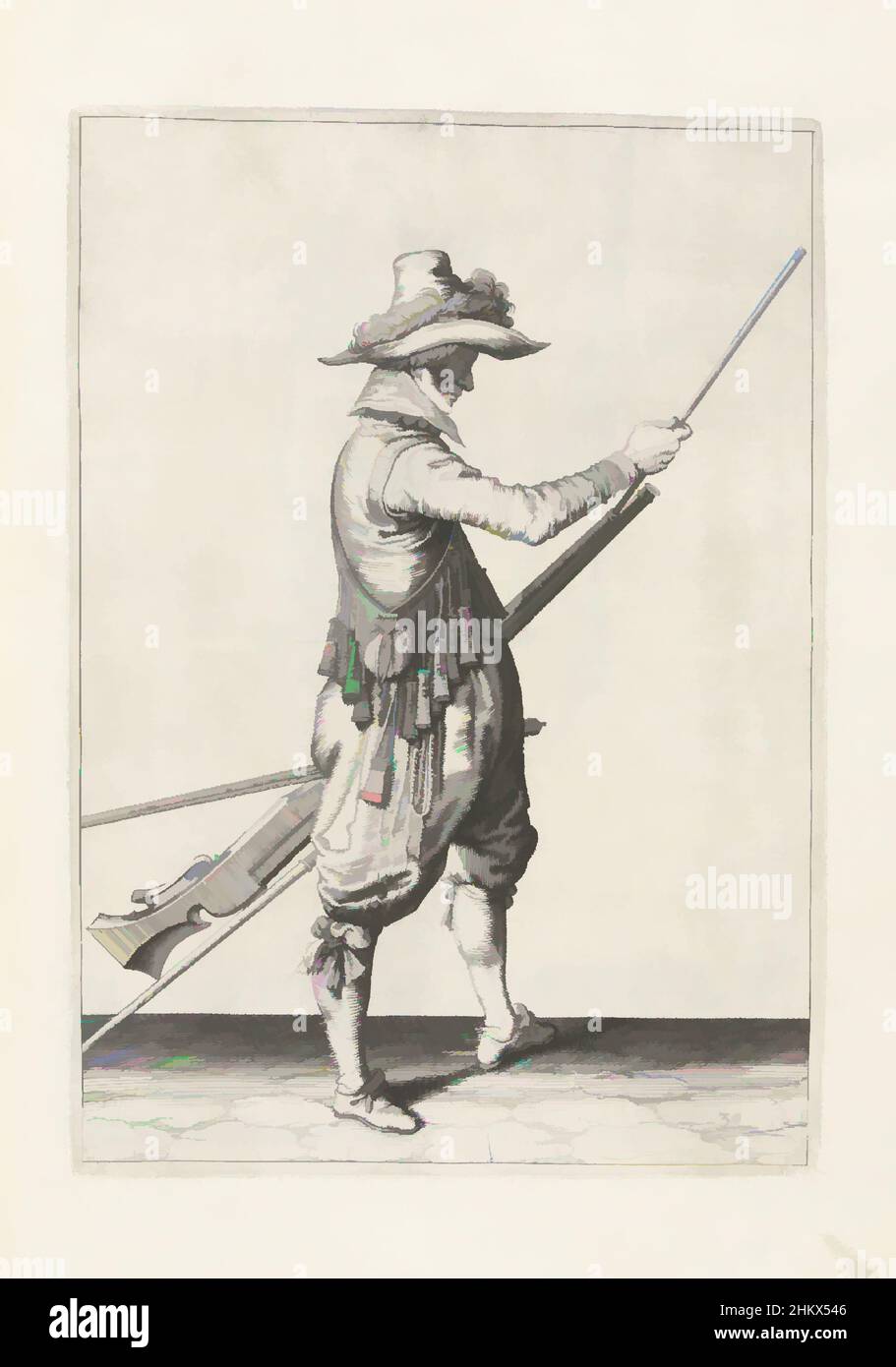 Kunst inspiriert von Soldier, der seine Schubstange unter dem Lauf seiner Muskete in den Halter schiebe (Nr. 1) 30), c. 1600, Ein Soldat, in voller Länge, rechts, hält eine Muskete (eine bestimmte Art von Schusswaffe) mit seiner linken Hand nahe dem linken Oberschenkel und schieben die Ramrod in den Halter unter dem Lauf, Classic Works modernisiert von Artotop mit einem Schuss Moderne. Formen, Farbe und Wert, auffällige visuelle Wirkung auf Kunst. Emotionen durch Freiheit von Kunstwerken auf zeitgemäße Weise. Eine zeitlose Botschaft, die eine wild kreative neue Richtung verfolgt. Künstler, die sich dem digitalen Medium zuwenden und die Artotop NFT erschaffen Stockfoto