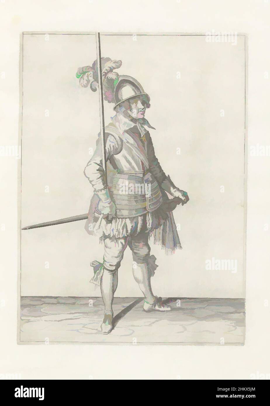 Kunst inspiriert von Soldier, der seinen Speer mit der rechten Hand aufrecht in der Schale seines rechten Armes hält (Nr. 1) 4), c. 1600, Ein Soldat, ganz lang, nach rechts, einen Speer (Lanze) haltend, mit der rechten Hand aufrecht in der Schale seines rechten Armes (Nr. 4) 4), c. 1600. Dies ist der dritte Akt für Raising, Classic Works, die von Artotop mit einem Schuss Moderne modernisiert wurden. Formen, Farbe und Wert, auffällige visuelle Wirkung auf Kunst. Emotionen durch Freiheit von Kunstwerken auf zeitgemäße Weise. Eine zeitlose Botschaft, die eine wild kreative neue Richtung verfolgt. Künstler, die sich dem digitalen Medium zuwenden und die Artotop NFT erschaffen Stockfoto