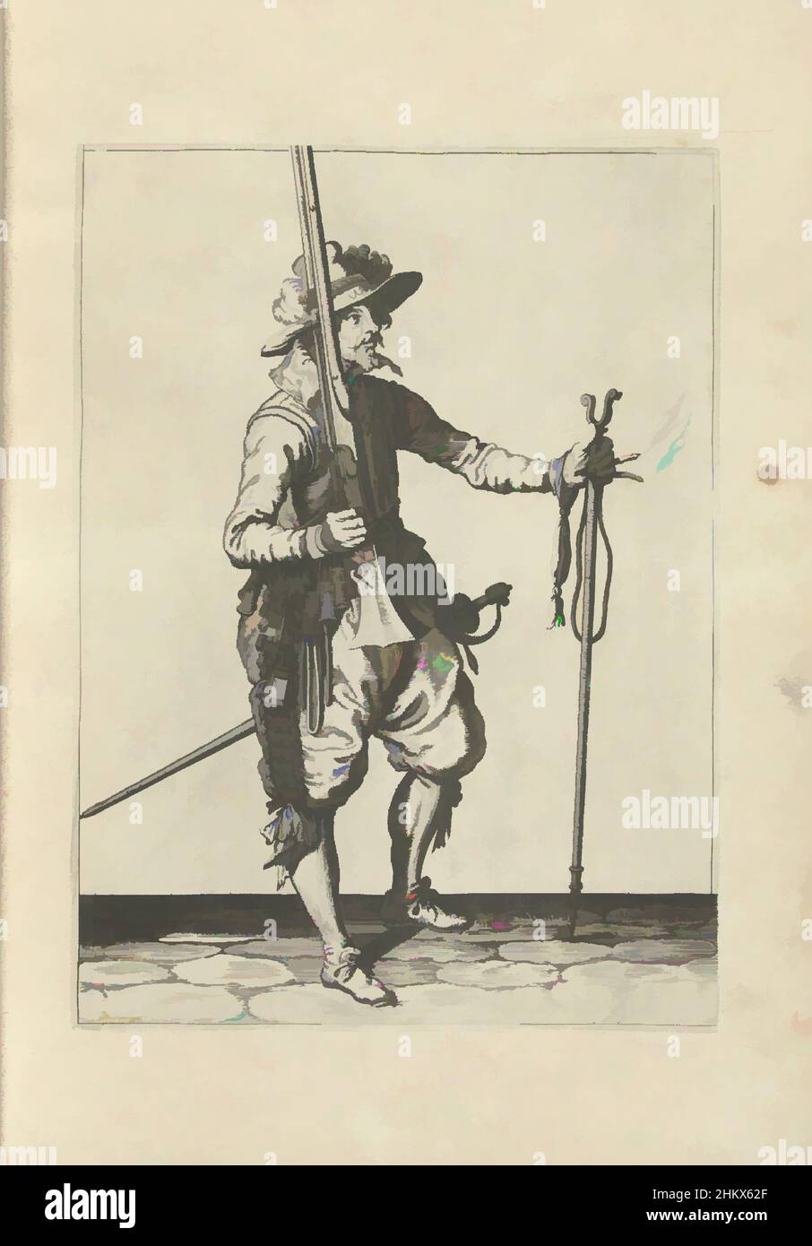 Kunst inspiriert von Soldat hält seine Muskete mit seiner rechten Hand aufrecht, in seiner linken Hand die Pelze, um seine Waffe auf (Nr. 4), ca. 1600, Ein Soldat, in voller Länge, nach rechts, hält eine Muskete (eine bestimmte Art von Schusswaffe) mit seiner rechten Hand, das Fass zeigt nach oben (Nr. 4), Ca, Classic Works modernisiert von Artotop mit einem Schuss Moderne. Formen, Farbe und Wert, auffällige visuelle Wirkung auf Kunst. Emotionen durch Freiheit von Kunstwerken auf zeitgemäße Weise. Eine zeitlose Botschaft, die eine wild kreative neue Richtung verfolgt. Künstler, die sich dem digitalen Medium zuwenden und die Artotop NFT erschaffen Stockfoto