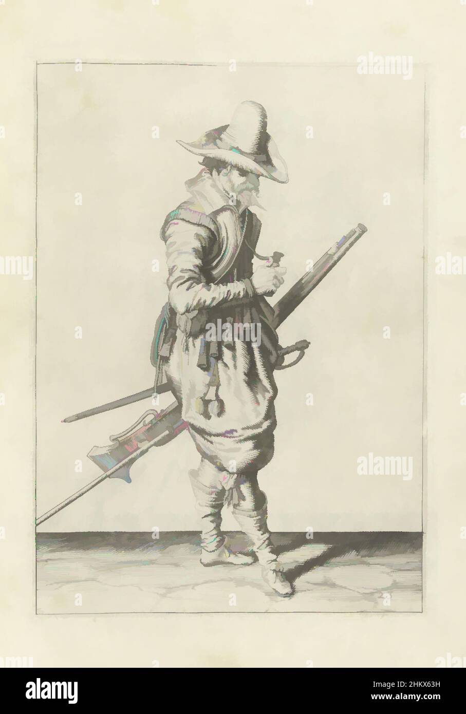 Kunst, inspiriert von Soldier mit einer Muskete, die ein Pulvermaß öffnet (Nr. 23), c. 1600, Ein Soldat, voller Länge, nach rechts, hält eine Muskete (eine bestimmte Art von Schusswaffe) mit seiner linken Hand in der Nähe seines linken Oberschenkels, wobei der Lauf diagonal nach oben zeigt (nein 23), c. 1600. In seiner linken Hand, in, von Artotop modernisierte klassische Werke mit einem Schuss Moderne. Formen, Farbe und Wert, auffällige visuelle Wirkung auf Kunst. Emotionen durch Freiheit von Kunstwerken auf zeitgemäße Weise. Eine zeitlose Botschaft, die eine wild kreative neue Richtung verfolgt. Künstler, die sich dem digitalen Medium zuwenden und die Artotop NFT erschaffen Stockfoto