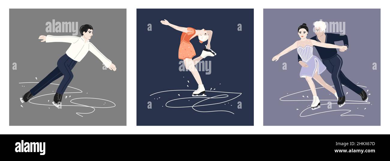 Figur Skating Athleten auf einem Wettbewerb Kostüme. Schlittschuhlaufen, Einzelskaten von Frau und Mann Stock Vektor