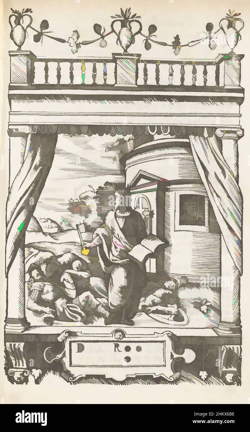 Kunst inspiriert von der Präsentation von De Roose (Leuven), 1561, die Roose van Loven, Szene aus dem Theaterstück von De Roose, Handelskammer in Leuven. Janus steht inmitten schlafender Soldaten, hinter ihm der geschlossene Tempel. Für den Landjuweel von Antwerpen 1561., Druckerei:, Antwerpen, 1561 - 1562, Klassisches Werk, modernisiert von Artotop mit einem Schuss Moderne. Formen, Farbe und Wert, auffällige visuelle Wirkung auf Kunst. Emotionen durch Freiheit von Kunstwerken auf zeitgemäße Weise. Eine zeitlose Botschaft, die eine wild kreative neue Richtung verfolgt. Künstler, die sich dem digitalen Medium zuwenden und die Artotop NFT erschaffen Stockfoto