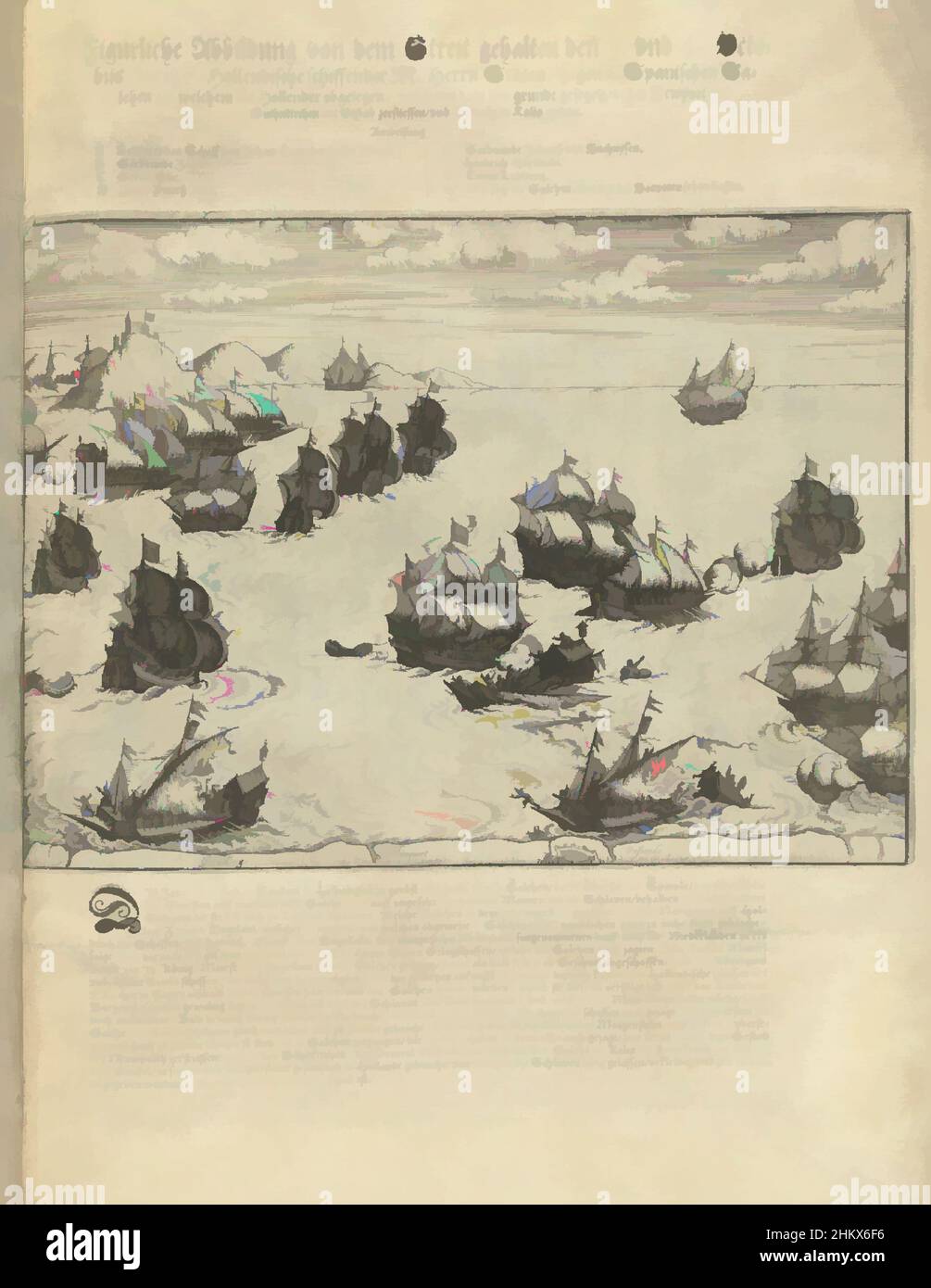 Art inspired by Destruction of Spanish Galeys, 3 October 1602, Figurliche Abbildung von dem Streit halten den 3. Und 4. Octobris: Durch 7 Hollendischer schiffe der M. Herren Staten, gegen 6. Spanische Galehen, in welchem die Hollender obgelegen, und der 2. In den Grund gesegelt, Classic Works Modernized by Artotop with a Splash of Modernity. Formen, Farbe und Wert, auffällige visuelle Wirkung auf Kunst. Emotionen durch Freiheit von Kunstwerken auf zeitgemäße Weise. Eine zeitlose Botschaft, die eine wild kreative neue Richtung verfolgt. Künstler, die sich dem digitalen Medium zuwenden und die Artotop NFT erschaffen Stockfoto
