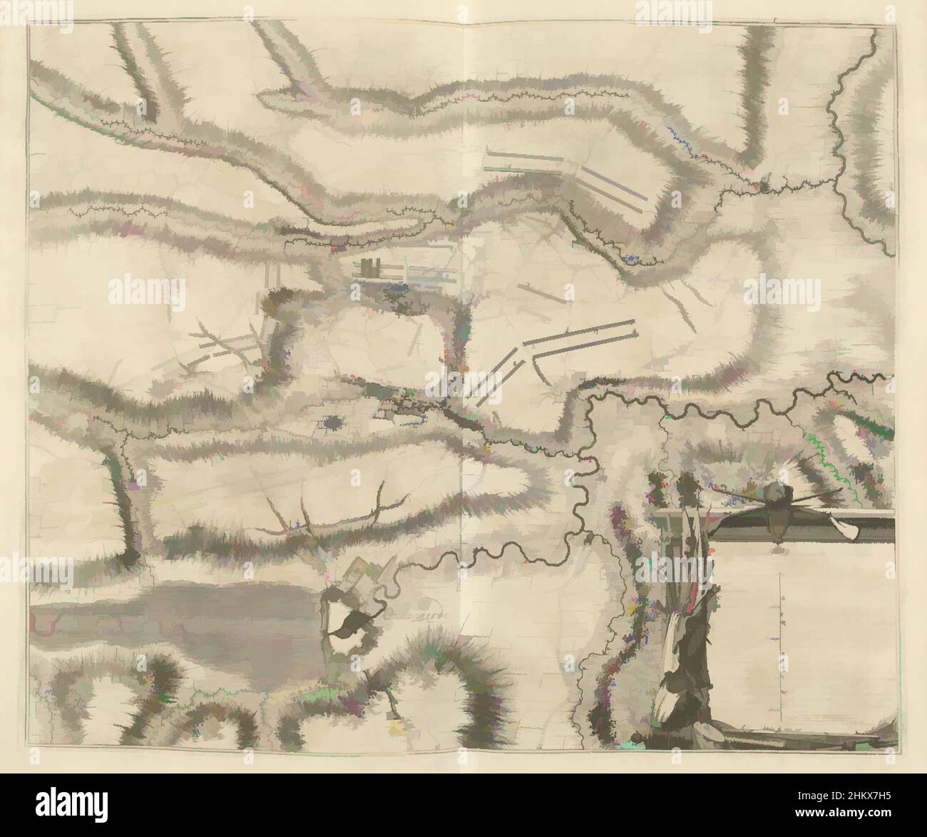 Kunst inspiriert von der Karte der Schlacht von Oudenaarde, 1708, Plan de la Bataille d'Oudenaerde du 11 Juillet 1708, Plan der Schlacht von Oudenaarde zwischen den Alliierten unter dem Prinz von Savoyen und dem Herzog von Marlborough und den Franzosen, 11. Juli 1708. Unten rechts eine Kartusche mit klassischen Werken, die von Artotop mit einem Hauch von Moderne modernisiert wurden. Formen, Farbe und Wert, auffällige visuelle Wirkung auf Kunst. Emotionen durch Freiheit von Kunstwerken auf zeitgemäße Weise. Eine zeitlose Botschaft, die eine wild kreative neue Richtung verfolgt. Künstler, die sich dem digitalen Medium zuwenden und die Artotop NFT erschaffen Stockfoto