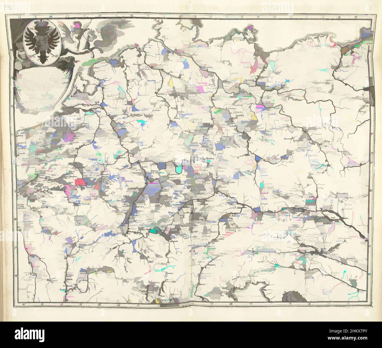 Kunst inspiriert von Karte der Postwege durch das Deutsche Reich, 1711, Postarum Seu veredariorum stationes per Germaniam et Provincias adiacentes, Postkarte. Karte der Postwege durch das Deutsche Reich und angrenzende Gebiete, 1711. Oben links eine Kartusche mit dem kaiserlichen Häuptling, von Artotop modernisierte Classic Works mit einem Schuss Modernität. Formen, Farbe und Wert, auffällige visuelle Wirkung auf Kunst. Emotionen durch Freiheit von Kunstwerken auf zeitgemäße Weise. Eine zeitlose Botschaft, die eine wild kreative neue Richtung verfolgt. Künstler, die sich dem digitalen Medium zuwenden und die Artotop NFT erschaffen Stockfoto