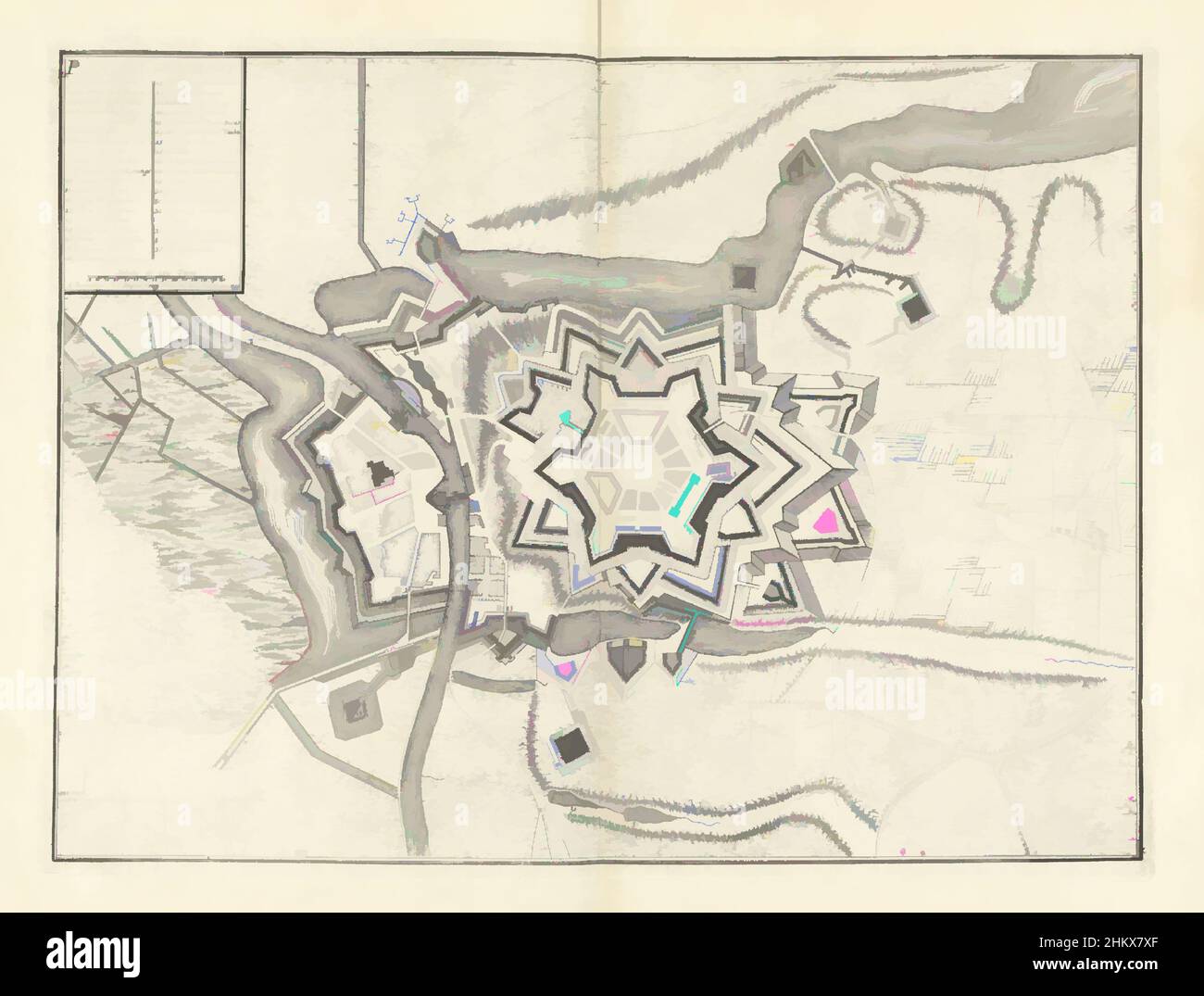 Kunst inspiriert von der Karte von Charleroi, 1709, Plan de Charleroi, Karte von Charleroi, 1709. Legende oben links 1-35. Teil einer gebündelten Sammlung von Plänen von Schlachten und Städten, die im Spanischen Erbfolgekrieg bekannt waren., Druckerei: Jacobus Harrewijn (zugeschrieben), Herausgeber: Eugene Henry, Klassisches Werk, das von Artotop mit einem Schuss Moderne modernisiert wurde. Formen, Farbe und Wert, auffällige visuelle Wirkung auf Kunst. Emotionen durch Freiheit von Kunstwerken auf zeitgemäße Weise. Eine zeitlose Botschaft, die eine wild kreative neue Richtung verfolgt. Künstler, die sich dem digitalen Medium zuwenden und die Artotop NFT erschaffen Stockfoto