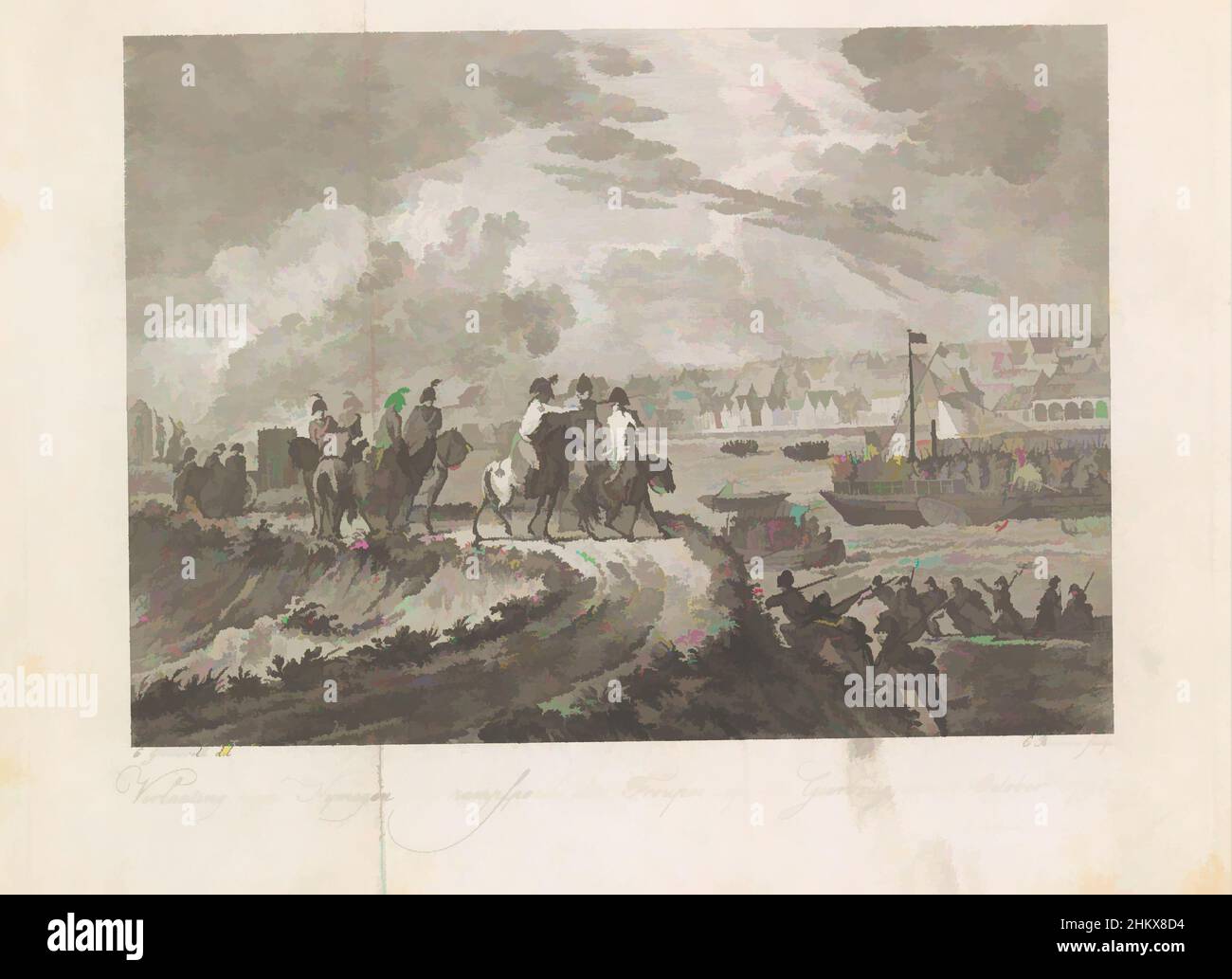Kunst inspiriert von französischem Beschuss flüchtender Truppen auf der Gier-Brücke, 1794, Verlaating van Nymegen en rampspoed der troupes op de Gierbrug, den 16. Oktober 1794, französische Truppen Beschuss flüchtender niederländischer und britischer Truppen, die versuchen, die andere Seite über die Schiffsbrücke Gierbrug zu erreichen, Klassische Werke, die von Artotop mit einem Hauch von Moderne modernisiert wurden. Formen, Farbe und Wert, auffällige visuelle Wirkung auf Kunst. Emotionen durch Freiheit von Kunstwerken auf zeitgemäße Weise. Eine zeitlose Botschaft, die eine wild kreative neue Richtung verfolgt. Künstler, die sich dem digitalen Medium zuwenden und die Artotop NFT erschaffen Stockfoto