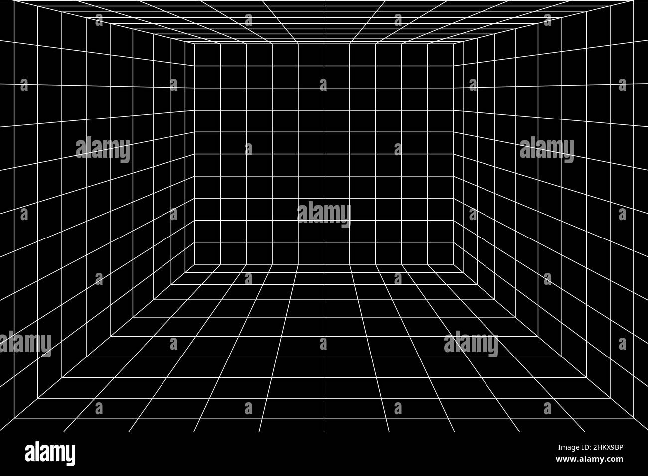 3D digitales Raster des Raumraums mit zwei-Punkte-Perspektive. Schwarz und weiß leer geometrischen Cyberspace Studio Hintergrund. Virtuelle dreidimensionale Szene. Stock Vektor