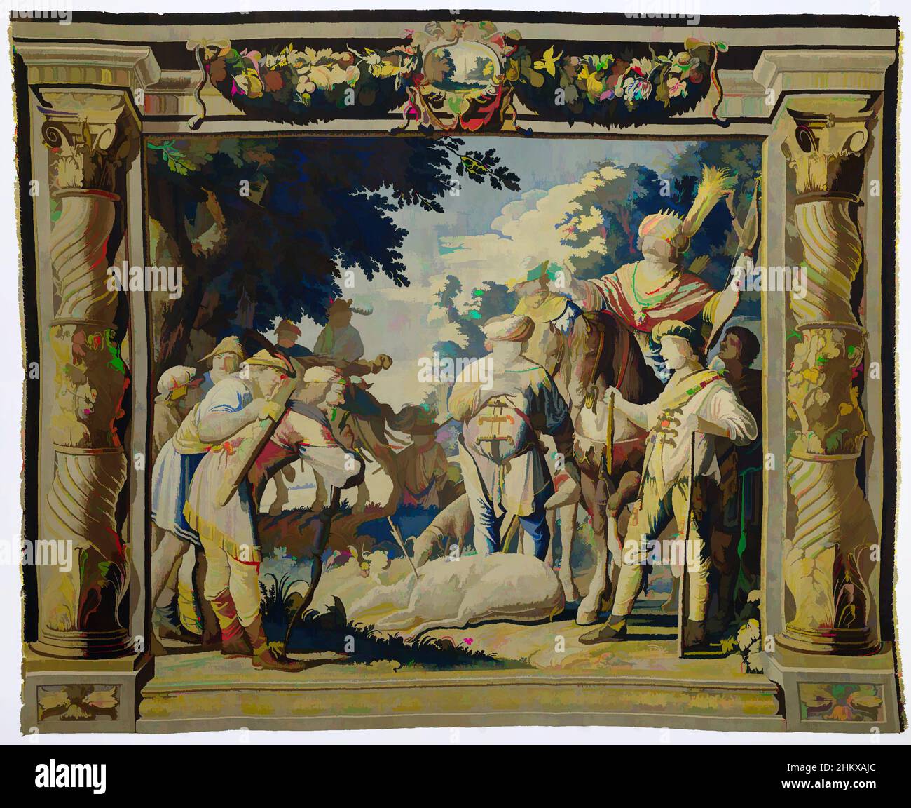 Kunst, inspiriert vom Tod einer Artemis gewidmeten Rehe, der Geschichte von Iphigenie und Orest (Serientitel), Wandteppich, in dem Agamemnon eine Artemnon-Rehe tötete; Aus einer Serie von fünf Wandteppichen mit Darstellungen, die Euripides, dem Hersteller, von Iphigenia on Tauris entlehnt hat, wurden von Artotop mit einem Schuss Modernität modernisierte klassische Werke. Formen, Farbe und Wert, auffällige visuelle Wirkung auf Kunst. Emotionen durch Freiheit von Kunstwerken auf zeitgemäße Weise. Eine zeitlose Botschaft, die eine wild kreative neue Richtung verfolgt. Künstler, die sich dem digitalen Medium zuwenden und die Artotop NFT erschaffen Stockfoto