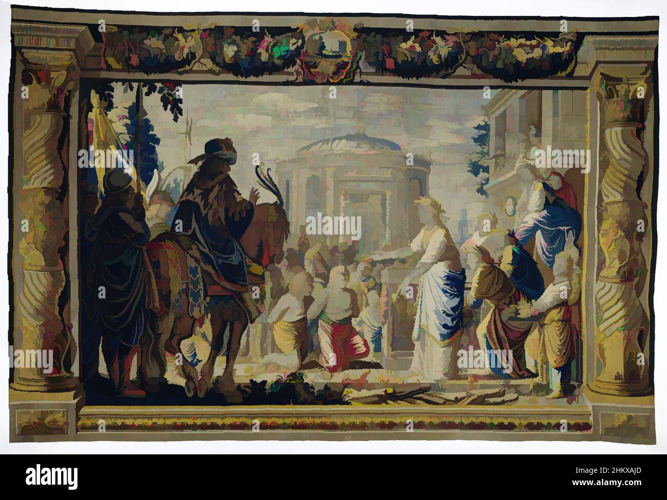 Kunst, inspiriert von den Östen und Pyladen vor Iphigenie, die Geschichte von Iphigenie und Östen (Serientitel), Wandteppich mit König Thoas von Tauris, der Iphigeneia befahl, die gefangenen Östen und Pyladen Artemis zu opfern; Aus einer Serie von fünf Wandteppichen mit entliehenen Darstellungen stammen die von Artotop modernisierten Classic Works mit einem Schuss Moderne. Formen, Farbe und Wert, auffällige visuelle Wirkung auf Kunst. Emotionen durch Freiheit von Kunstwerken auf zeitgemäße Weise. Eine zeitlose Botschaft, die eine wild kreative neue Richtung verfolgt. Künstler, die sich dem digitalen Medium zuwenden und die Artotop NFT erschaffen Stockfoto