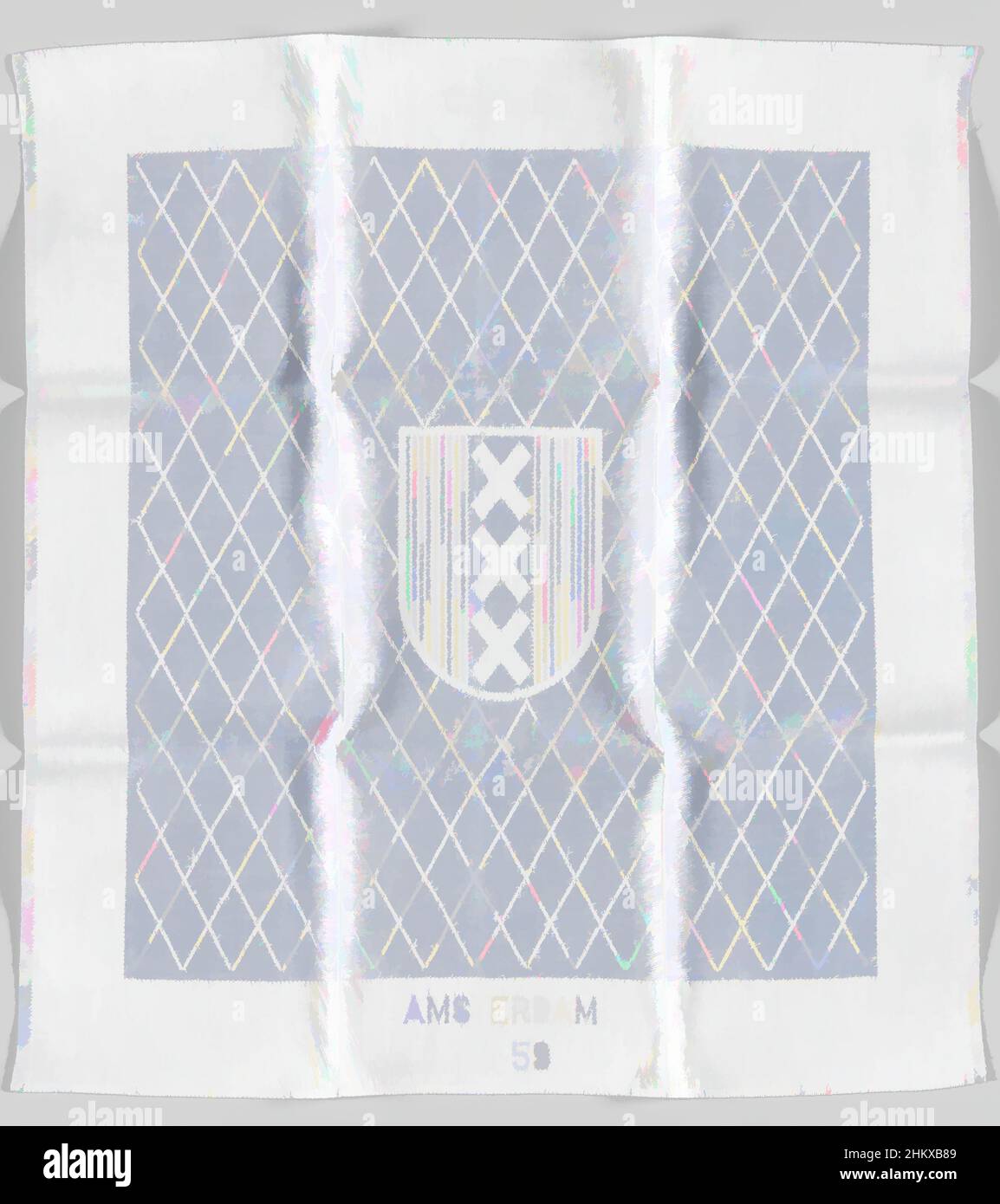 Kunst inspiriert von einem Fingertuch aus hellblauem Leinendamast mit Wappen von Amsterdam, einem Fingertuch aus hellblauem Leinendamast mit Wappen von Amsterdam auf kariertem Boden. In den Säumen der Text C.I.L.C. AMSTERDAM 7-11-59., Hersteller: Van den Briel & Verster, Linnenfabriken Van Dissel, Klassische Werke, die von Artotop mit einem Schuss Moderne modernisiert wurden. Formen, Farbe und Wert, auffällige visuelle Wirkung auf Kunst. Emotionen durch Freiheit von Kunstwerken auf zeitgemäße Weise. Eine zeitlose Botschaft, die eine wild kreative neue Richtung verfolgt. Künstler, die sich dem digitalen Medium zuwenden und die Artotop NFT erschaffen Stockfoto