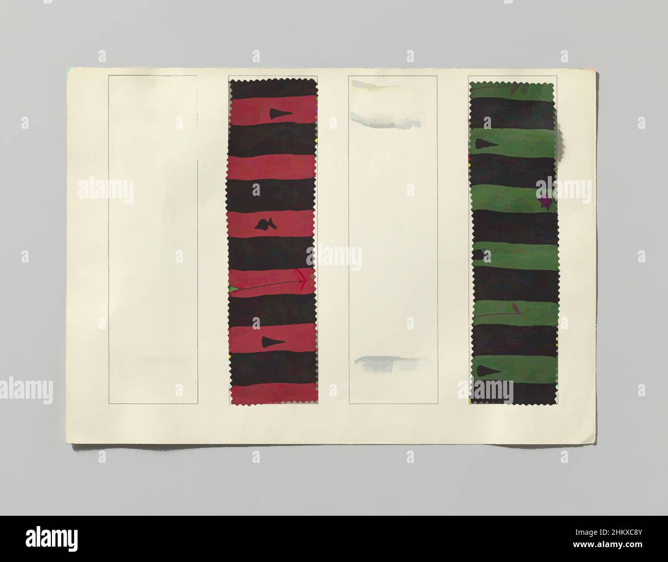 Art Inspired by Sample mit bedruckter Seide, Design Sevilla, Sample mit bedruckter Seide. Design Sevilla, WW No. 00086. Streifendesign in schwarz, blau und grau, mit stilisierten Blütenzweigen in rosa. Das Farbmuster ist auf Karton geklebt, auf dem sich die Vignette der Wiener Werkstätte befindet. Auf der Rückseite, Classic Works modernisiert von Artotop mit einem Schuss Moderne. Formen, Farbe und Wert, auffällige visuelle Wirkung auf Kunst. Emotionen durch Freiheit von Kunstwerken auf zeitgemäße Weise. Eine zeitlose Botschaft, die eine wild kreative neue Richtung verfolgt. Künstler, die sich dem digitalen Medium zuwenden und die Artotop NFT erschaffen Stockfoto