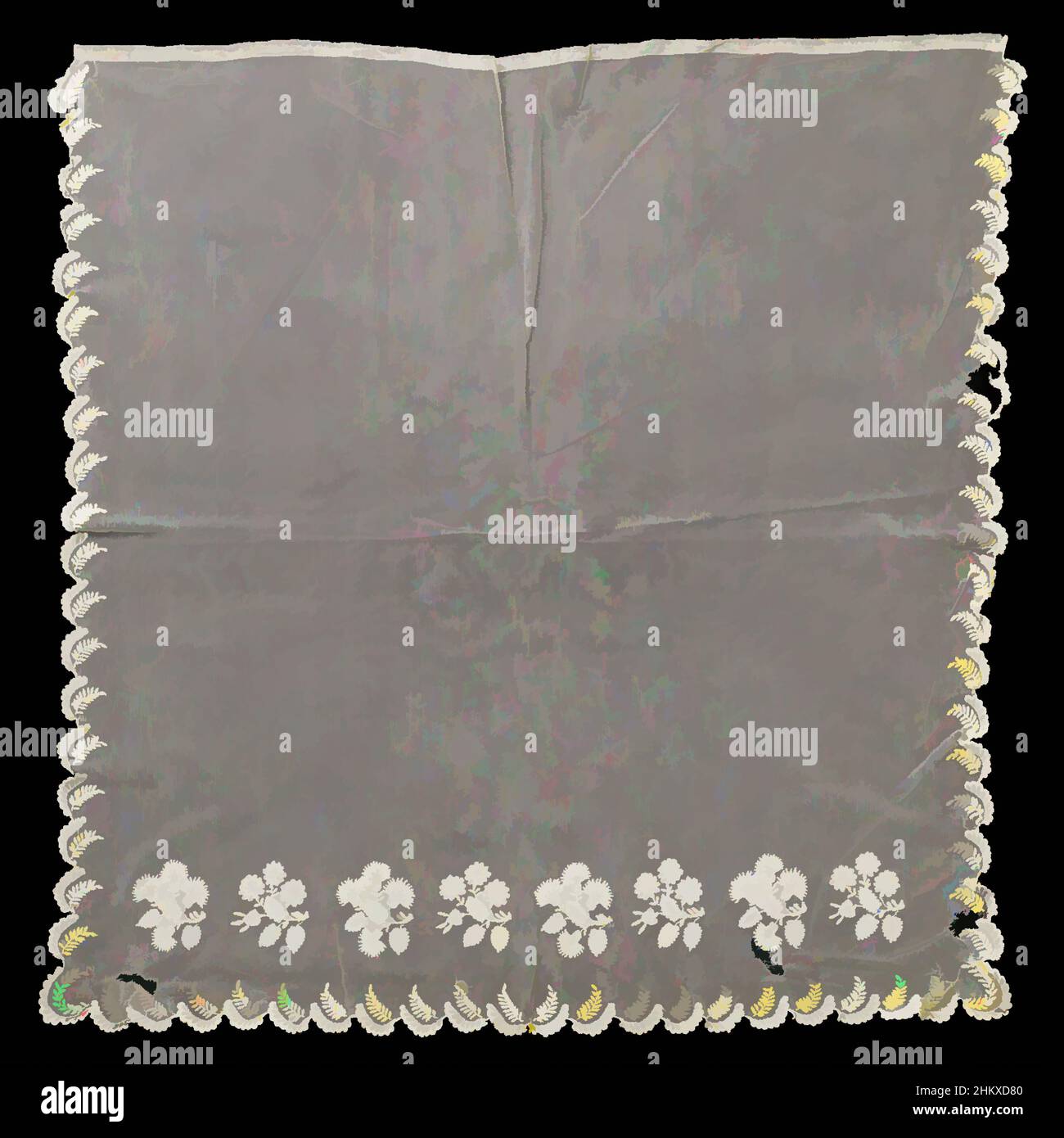 Kunst inspiriert von Taufkleid aus Spitzenstickerei auf Maschinentüll mit Plumetis und applizierten Blumensträußen, Taufkleid aus naturfarbener Spitzenstickerei von Plumetis auf Maschinentüll. Drei Seiten haben einen gestickten Rand mit Wellenschliff, wobei in jedem Jakobsmuschel ein gefiedertes Blattmotiv zu sehen ist. Die von Artotop modernisierten, klassischen Werke mit einem Schuss Moderne. Formen, Farbe und Wert, auffällige visuelle Wirkung auf Kunst. Emotionen durch Freiheit von Kunstwerken auf zeitgemäße Weise. Eine zeitlose Botschaft, die eine wild kreative neue Richtung verfolgt. Künstler, die sich dem digitalen Medium zuwenden und die Artotop NFT erschaffen Stockfoto