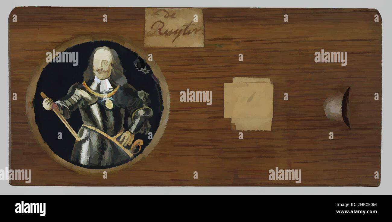 Kunst inspiriert von Portrait of Michiel de Ruyter, Runde Glasplatte in Holzrahmen. Porträt von Michiel de Ruyter in Rüstung, mit dem Befehlsstab in der rechten Hand, mit der anderen Hand an der Seite. Er trägt eine Kette mit einem Abzeichen der Ordnung., Niederlande, c. 1700 - c. 1790, Glas, Holz (Pflanzenmaterial, Classic Works modernisiert von Artotop mit einem Schuss Moderne. Formen, Farbe und Wert, auffällige visuelle Wirkung auf Kunst. Emotionen durch Freiheit von Kunstwerken auf zeitgemäße Weise. Eine zeitlose Botschaft, die eine wild kreative neue Richtung verfolgt. Künstler, die sich dem digitalen Medium zuwenden und die Artotop NFT erschaffen Stockfoto